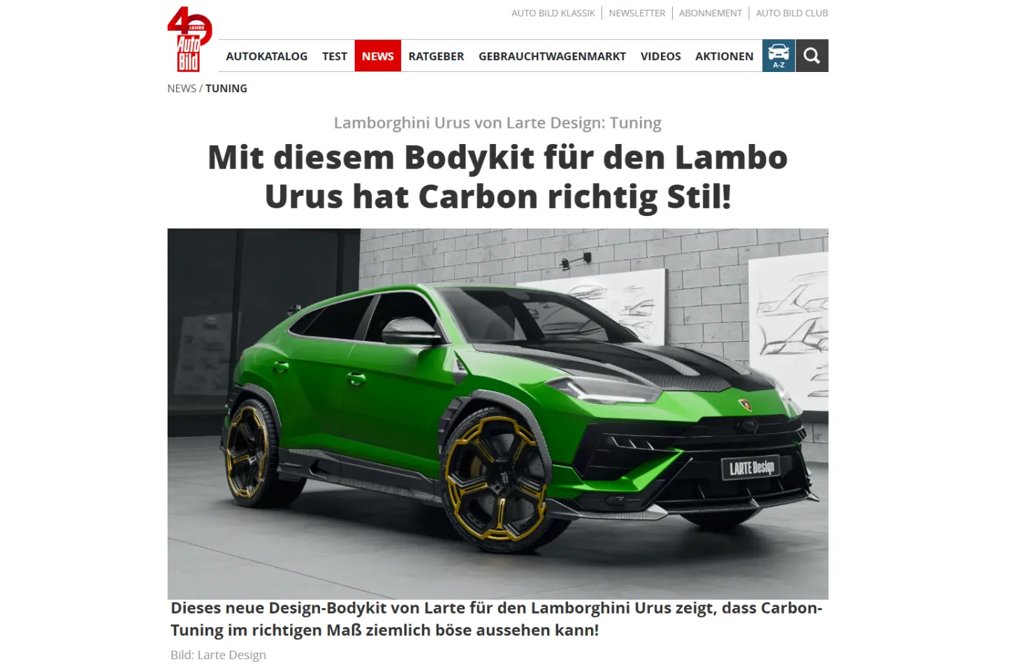 Auto Bild article about the Lamborghini Urus body kit by Larte Design