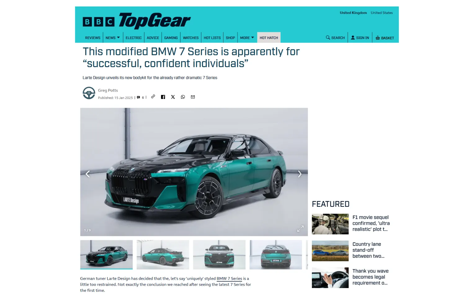 Top Gear article about the advantages and design of the BMW 7 body kit by Larte Design