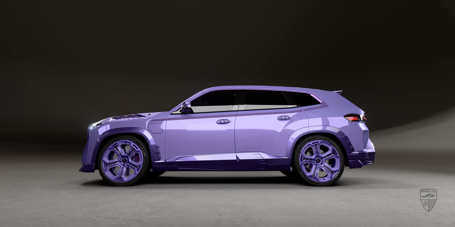 High‑end XM widebody kit — full-length side view underscoring the sporty, elevated stance