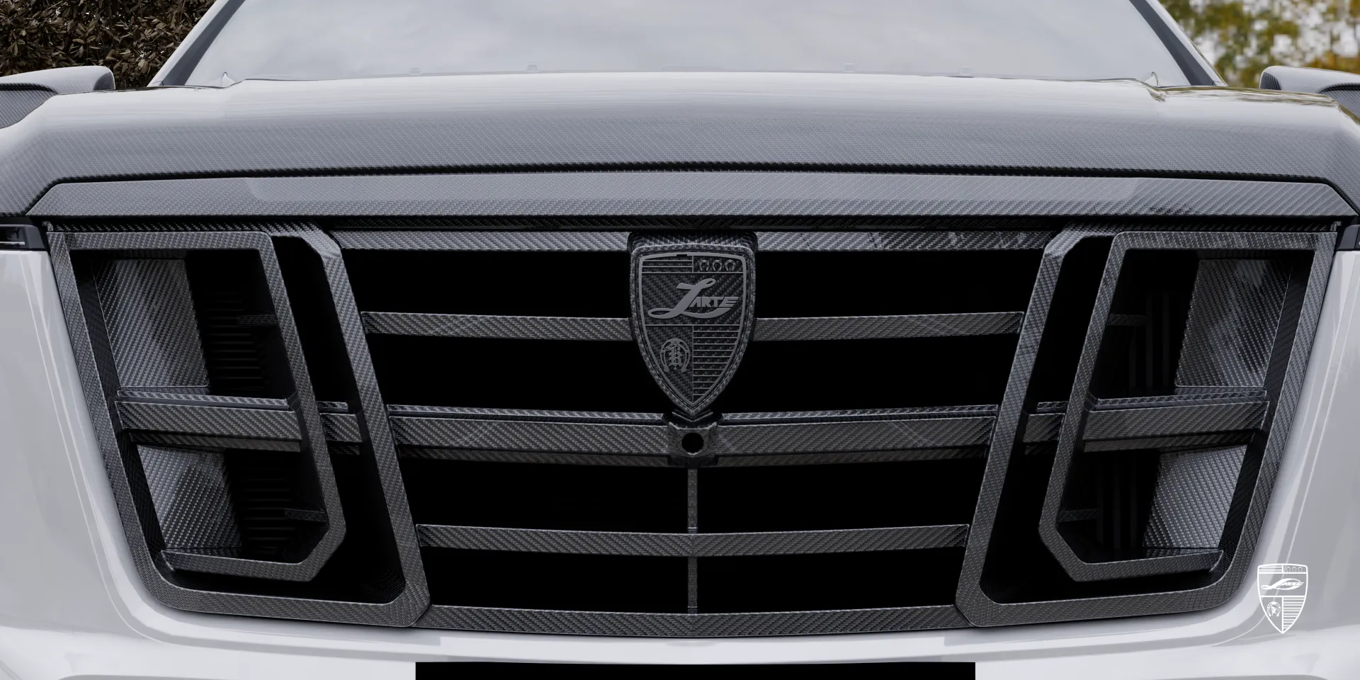 Close‑up of Escalade‑V carbon details: textured weave and precision‑engineered trims