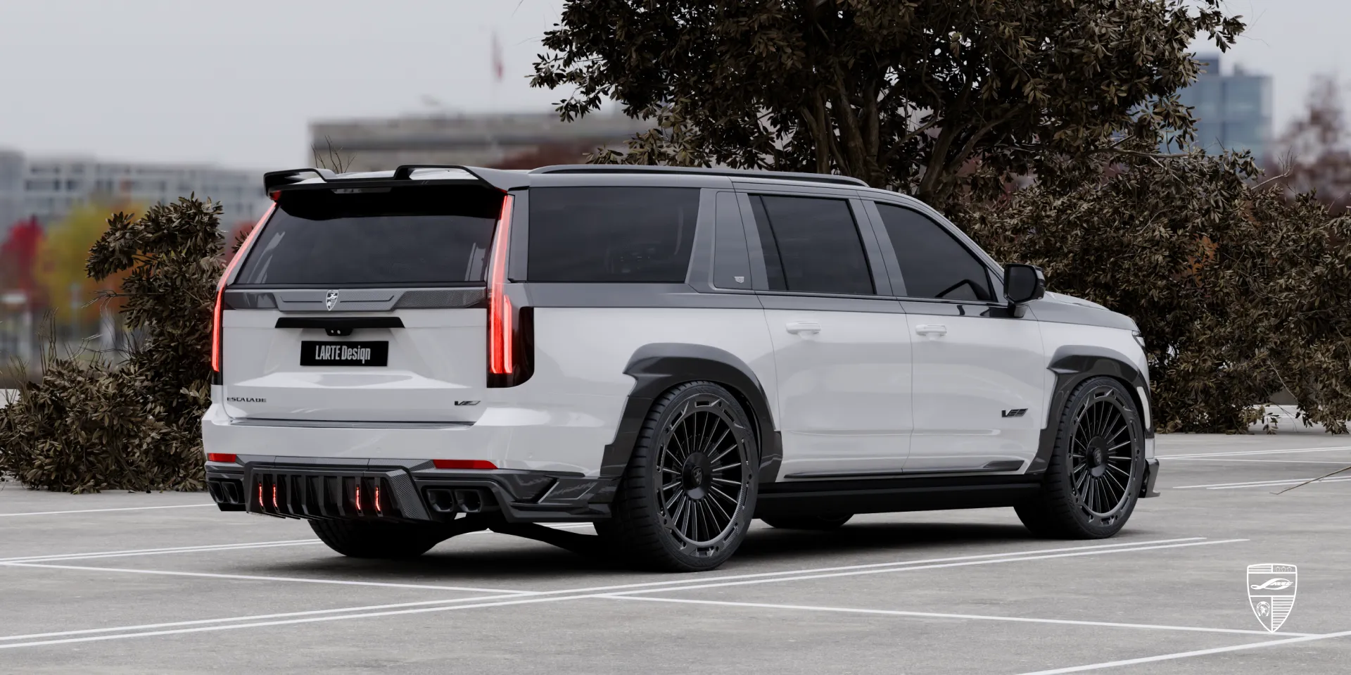 Rear angle of the Escalade‑V with diffuser and exhaust: sporty tail styling and performance cues