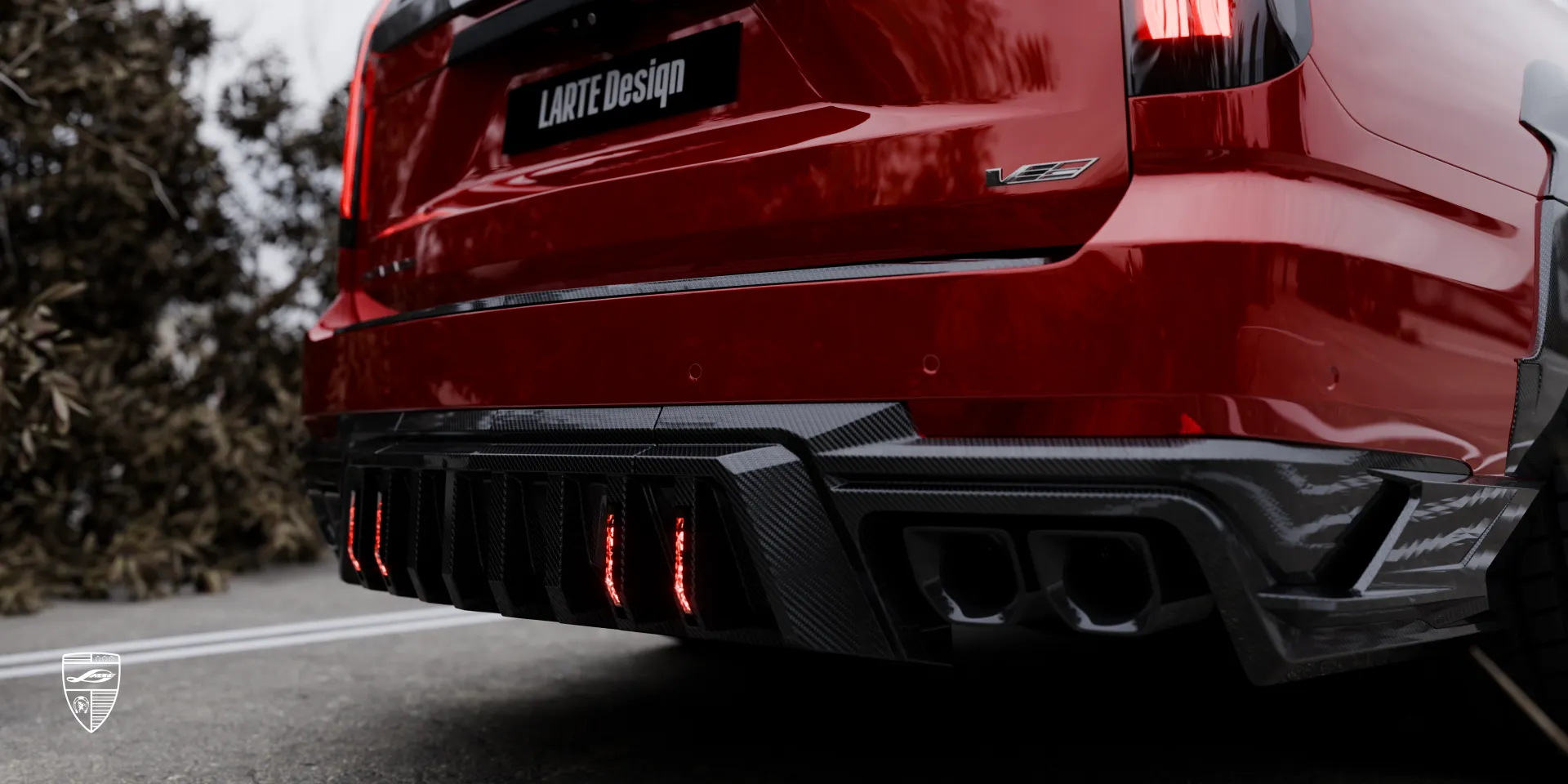 Aerodynamic carbon body kit on Cadillac Escalade V designed for performance style