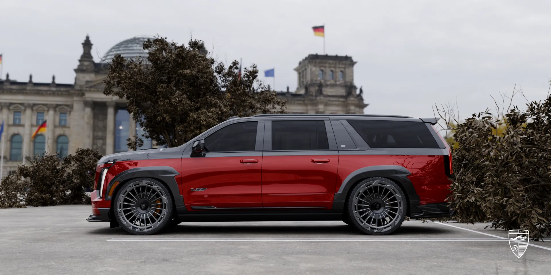 Side profile of Cadillac Escalade V body kit highlighting sleek lines and contours