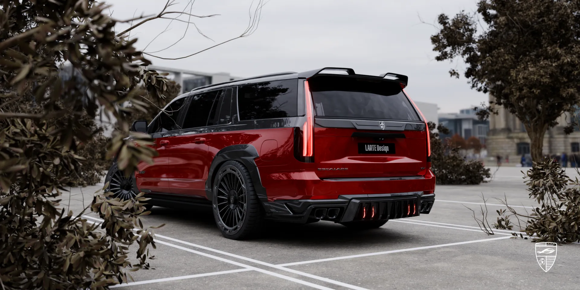 Rear angle of Cadillac Escalade V Facelift with body kit and sporty diffuser
