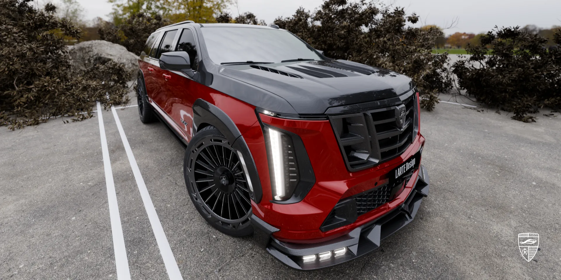 Three‑quarter shot of Cadillac Escalade V body kit emphasizing dynamic silhouette