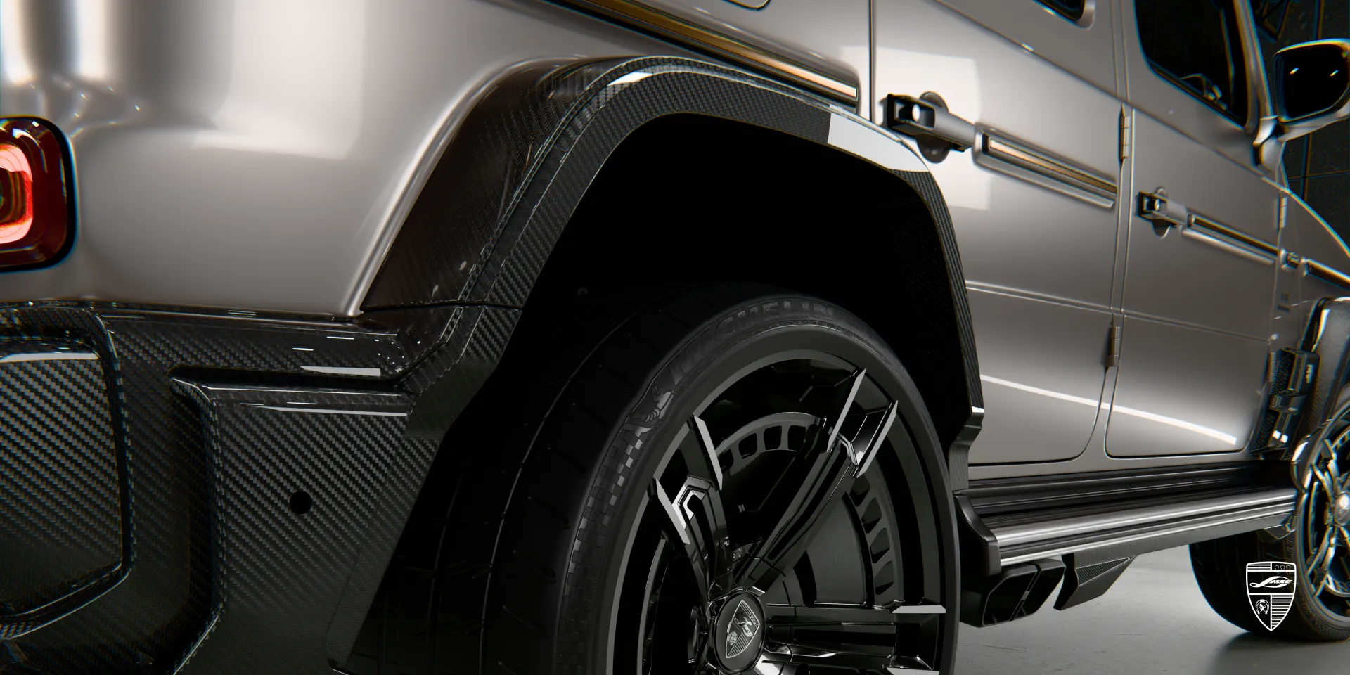 Luxury carbon fiber widebody styling for Mercedes G 63 — hand‑laid finish, front fender detail