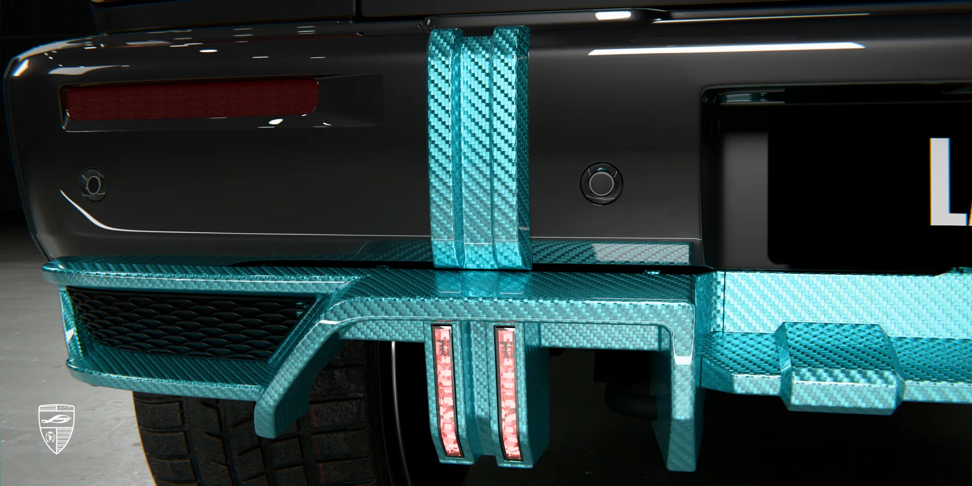 Heckdiffusor am G 63 AMG Facelift, Blick von hinten mit farbigem Carbon