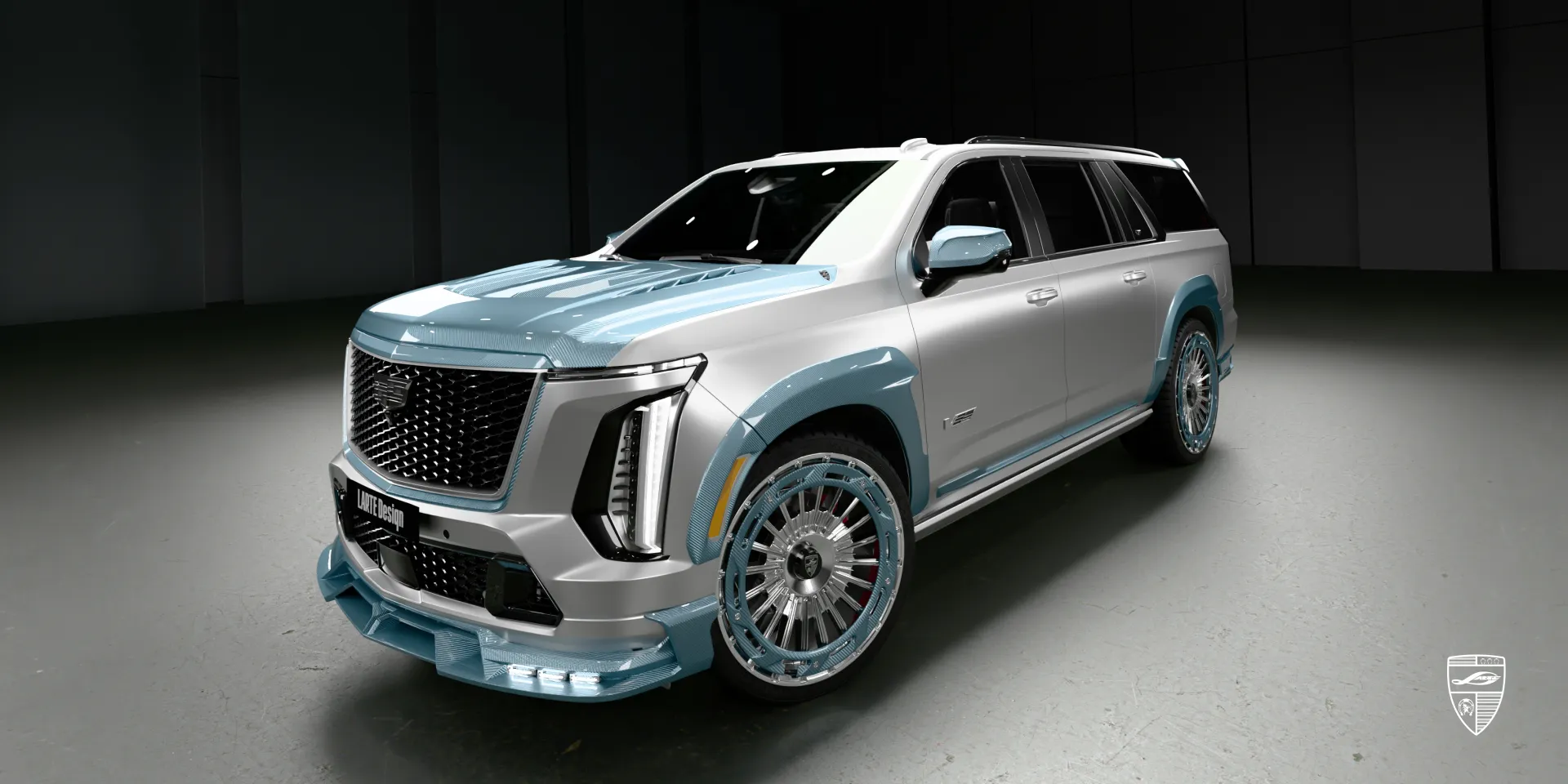 Widebody kit on the pearl white Cadillac Escalade creating a more imposing and dynamic look