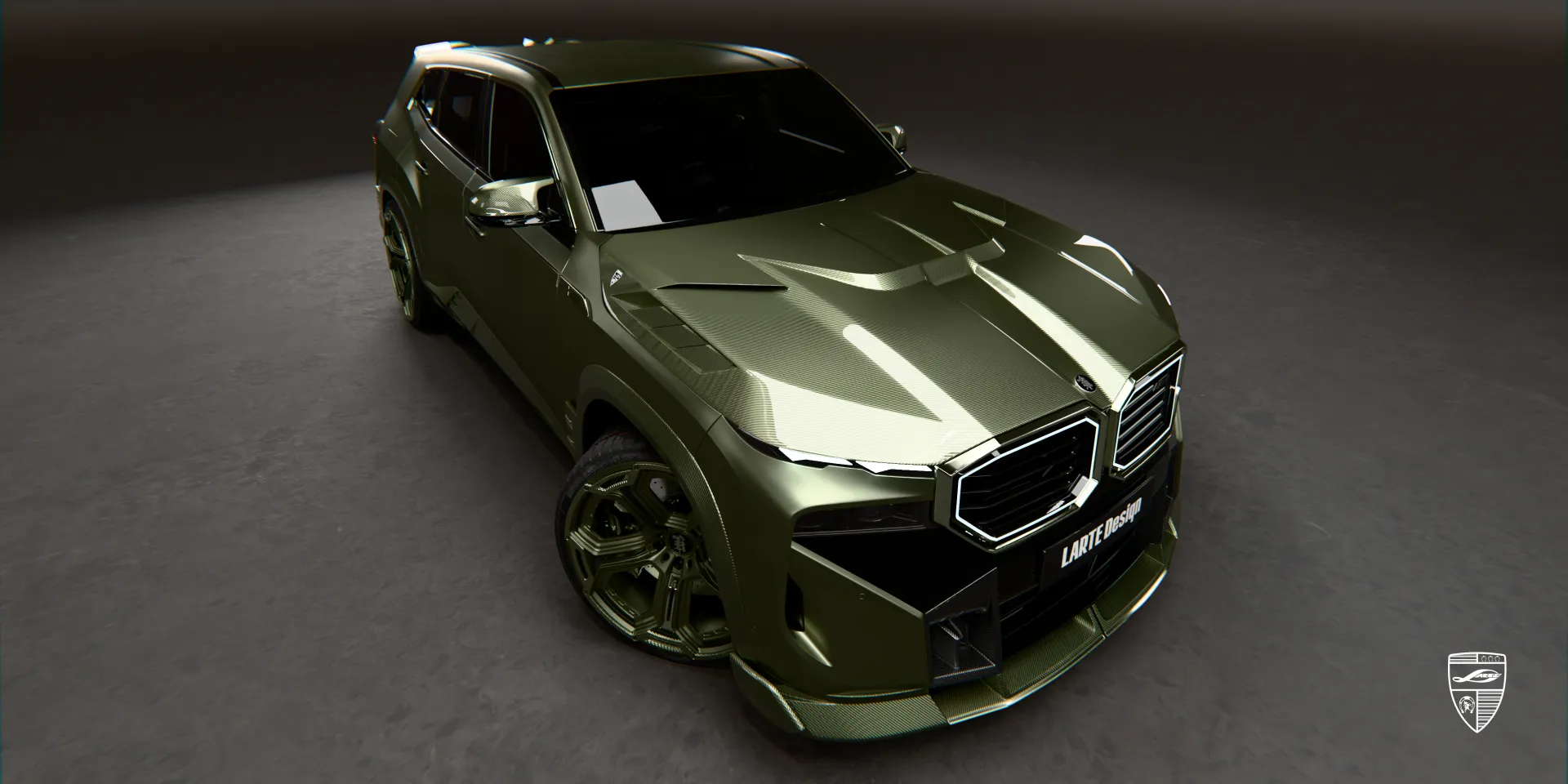 BMW XM in olive green with a full body kit, showcasing premium styling and bold contours