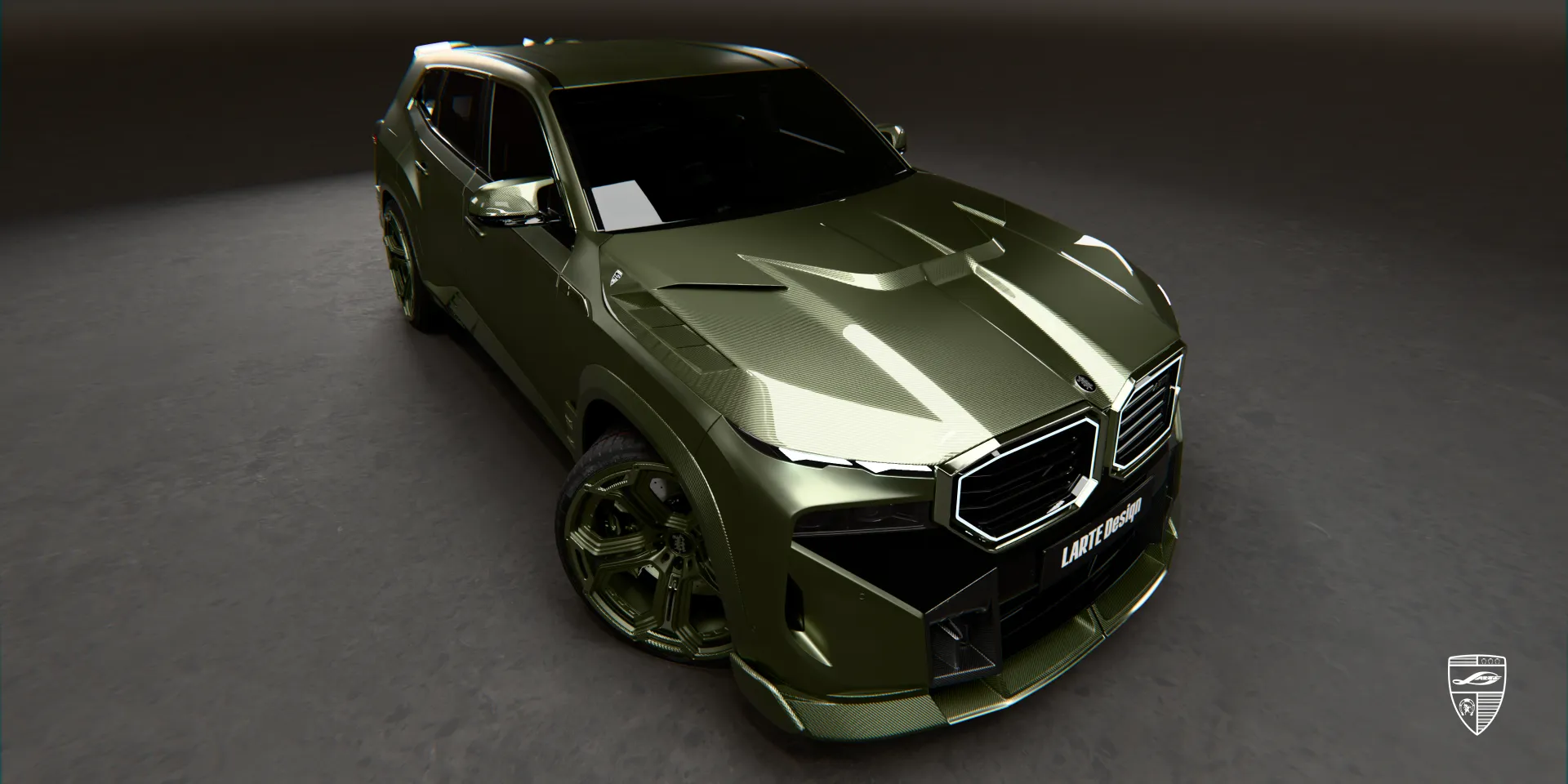 Widebody kit in green on the BMW XM creating a more imposing and dynamic presence