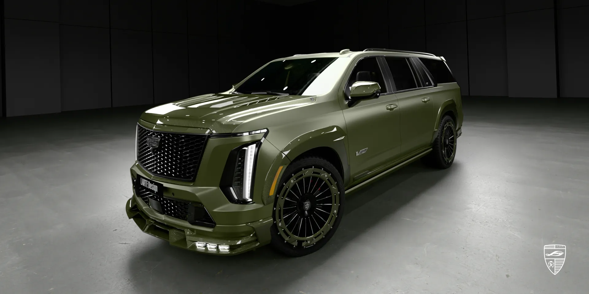 2027 Cadillac Escalade in glänzendem Grün mit Widebody‑Upgrade und aggressivem Bodykit