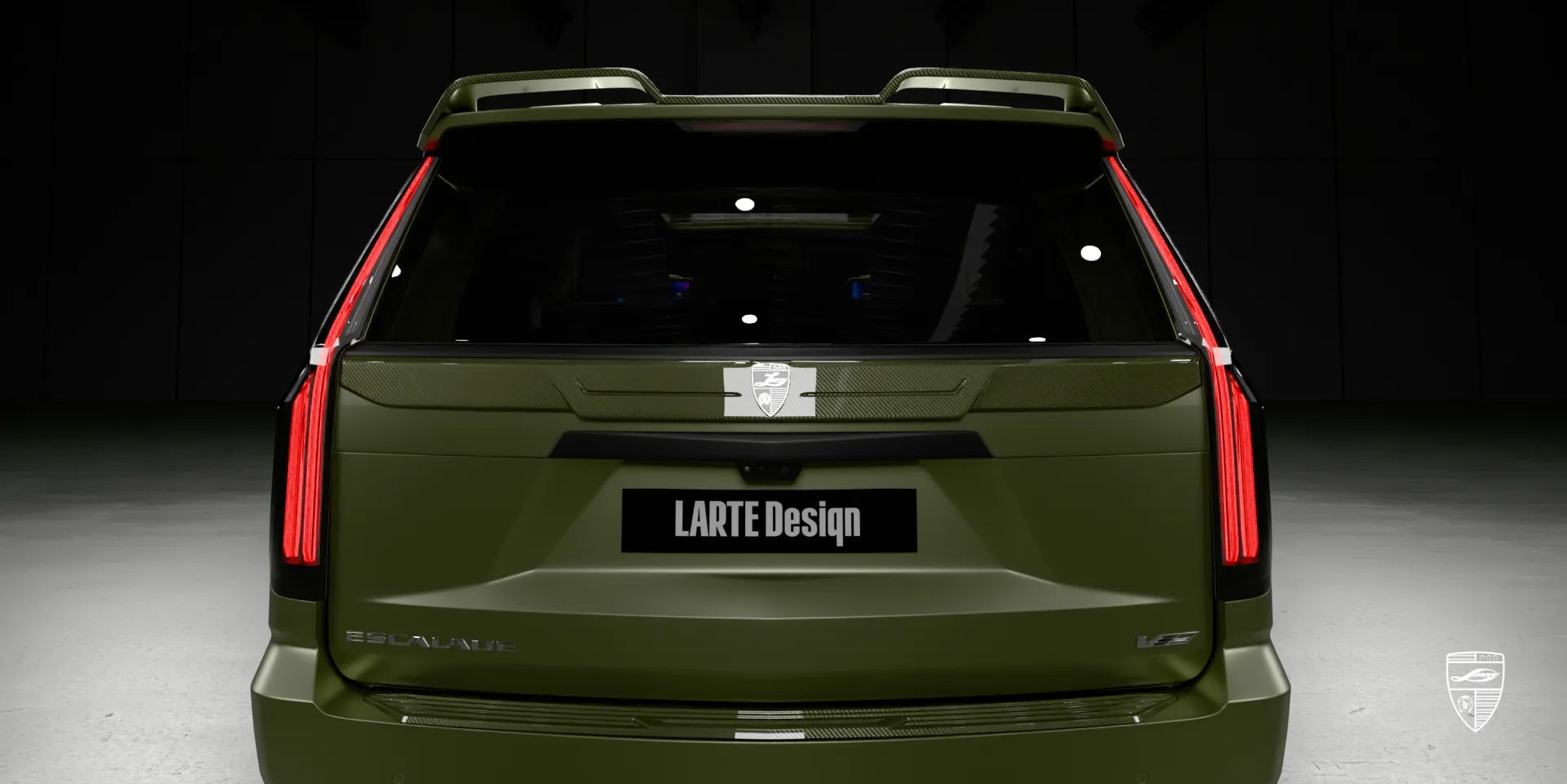 Grün‑militär‑Cadillac Escalade‑Foto: komplette Außendarstellung mit Bodykit und Tuning‑Highlights