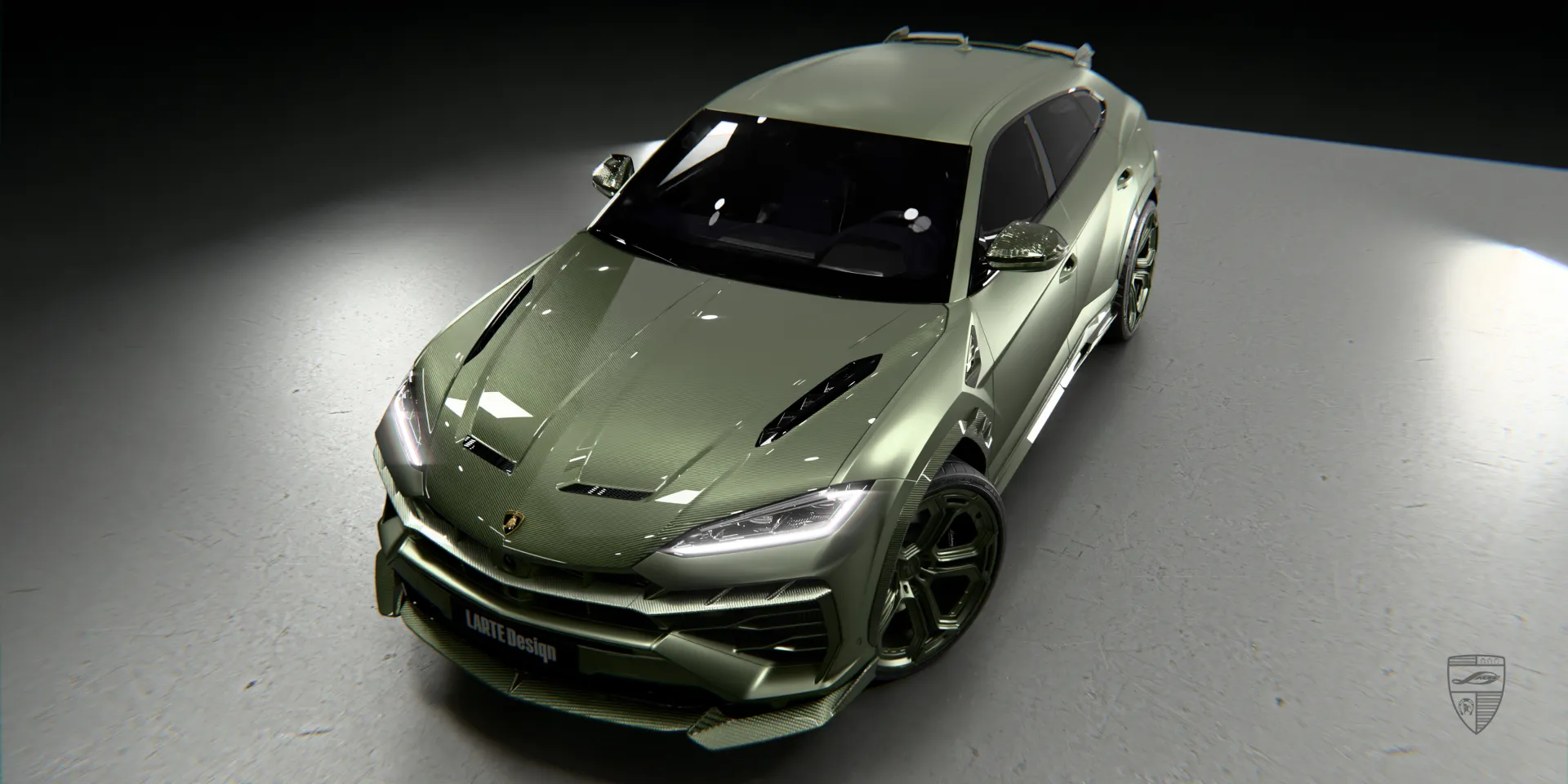 Grünes Lamborghini Urus Bodykit montiert, komplettes Außenstyling-Paket in der Ansicht