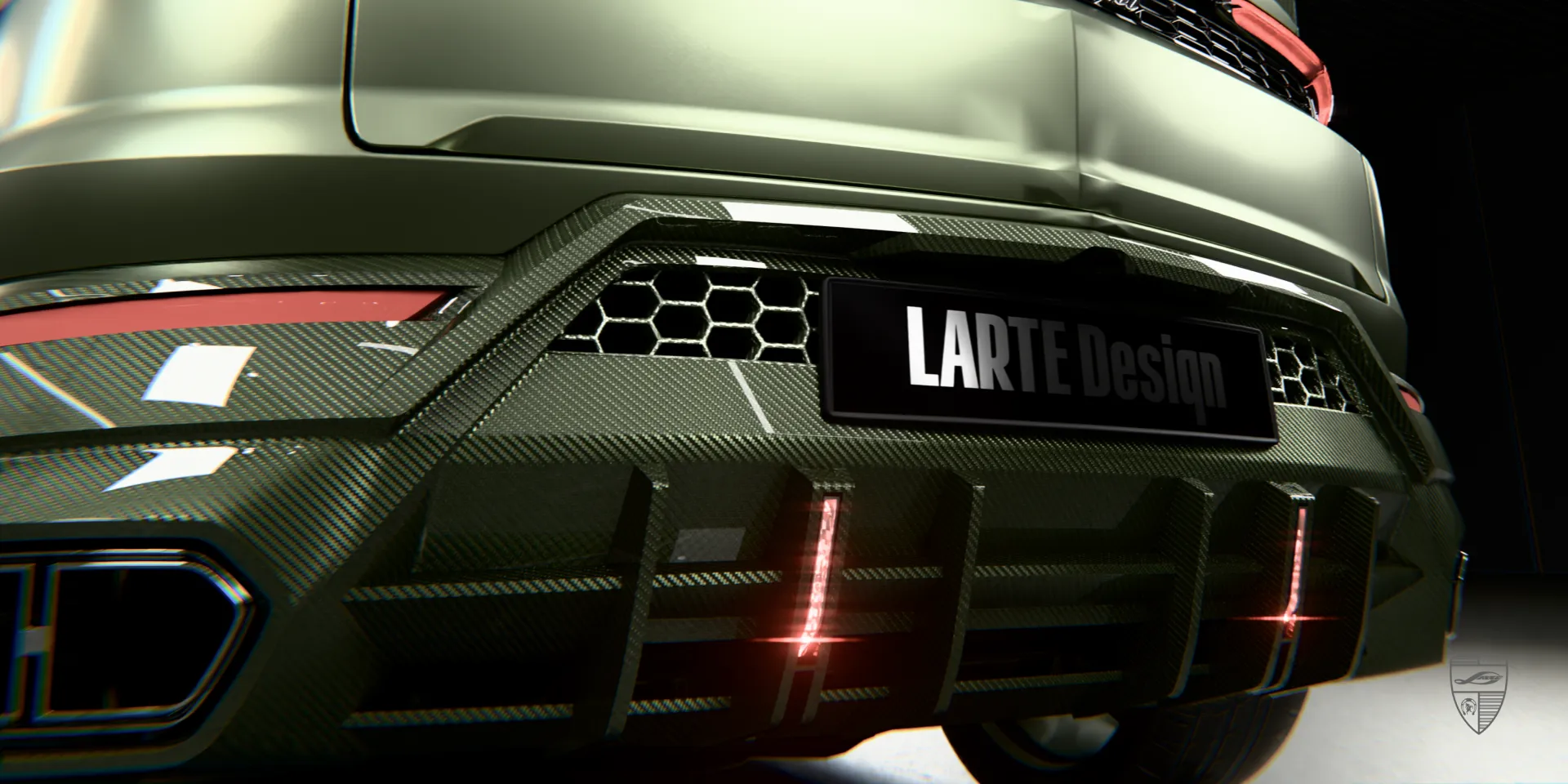 Grüner Lamborghini Urus Diffusor in Carbonfaser, aerodynamische Ansicht des Heckunterbodens