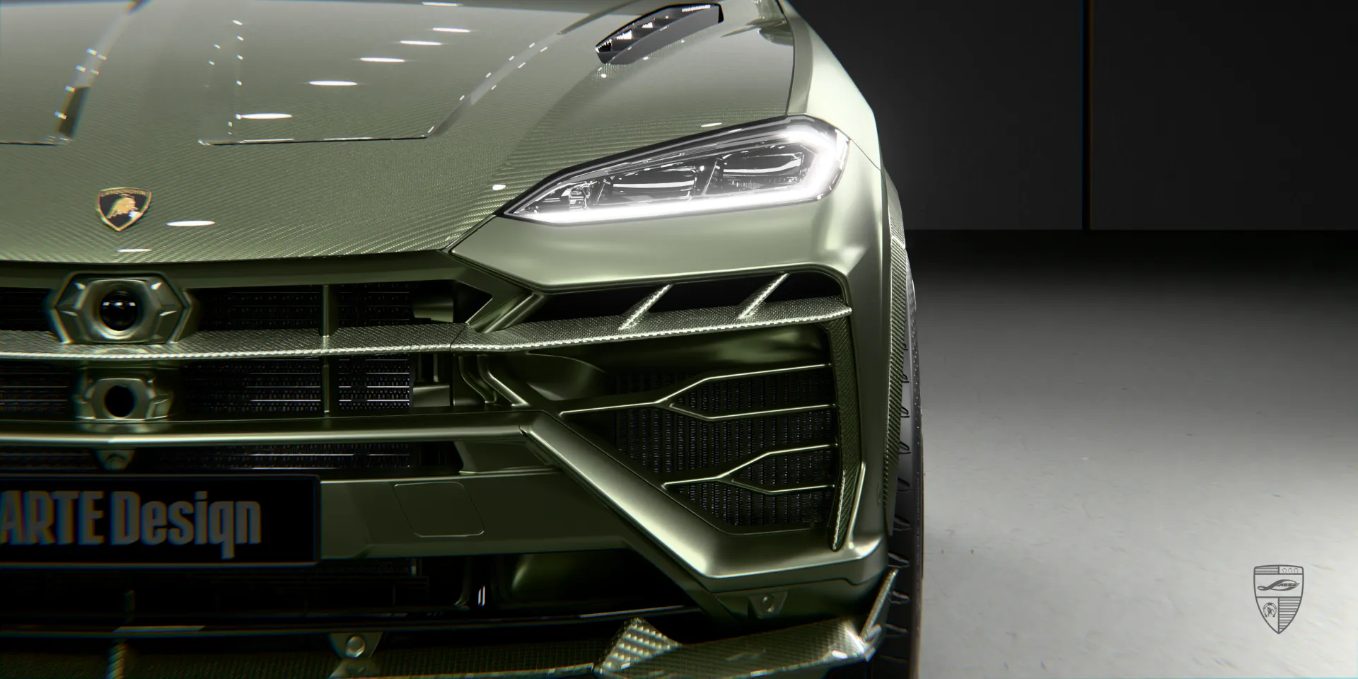 Grünes Lamborghini Urus Frontstoßstangen-Kit mit aggressivem Splitter und Motorhaube