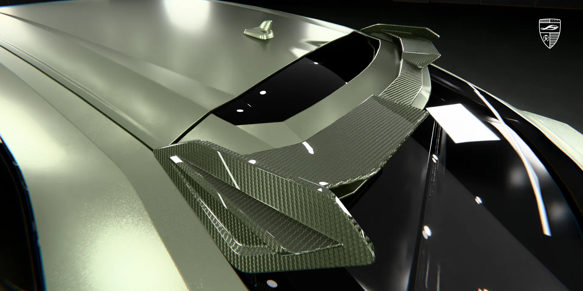 Grüner Lamborghini Urus Heckspoiler auf der Heckklappe montiert für erhöhten Abtrieb