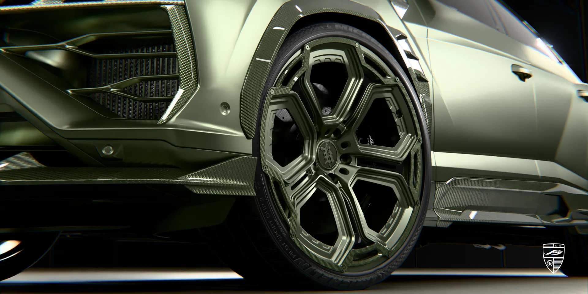 Grüner Urus Widebody-Kotflügel mit verschraubten Verbreiterungen und erweiterten Radkästen