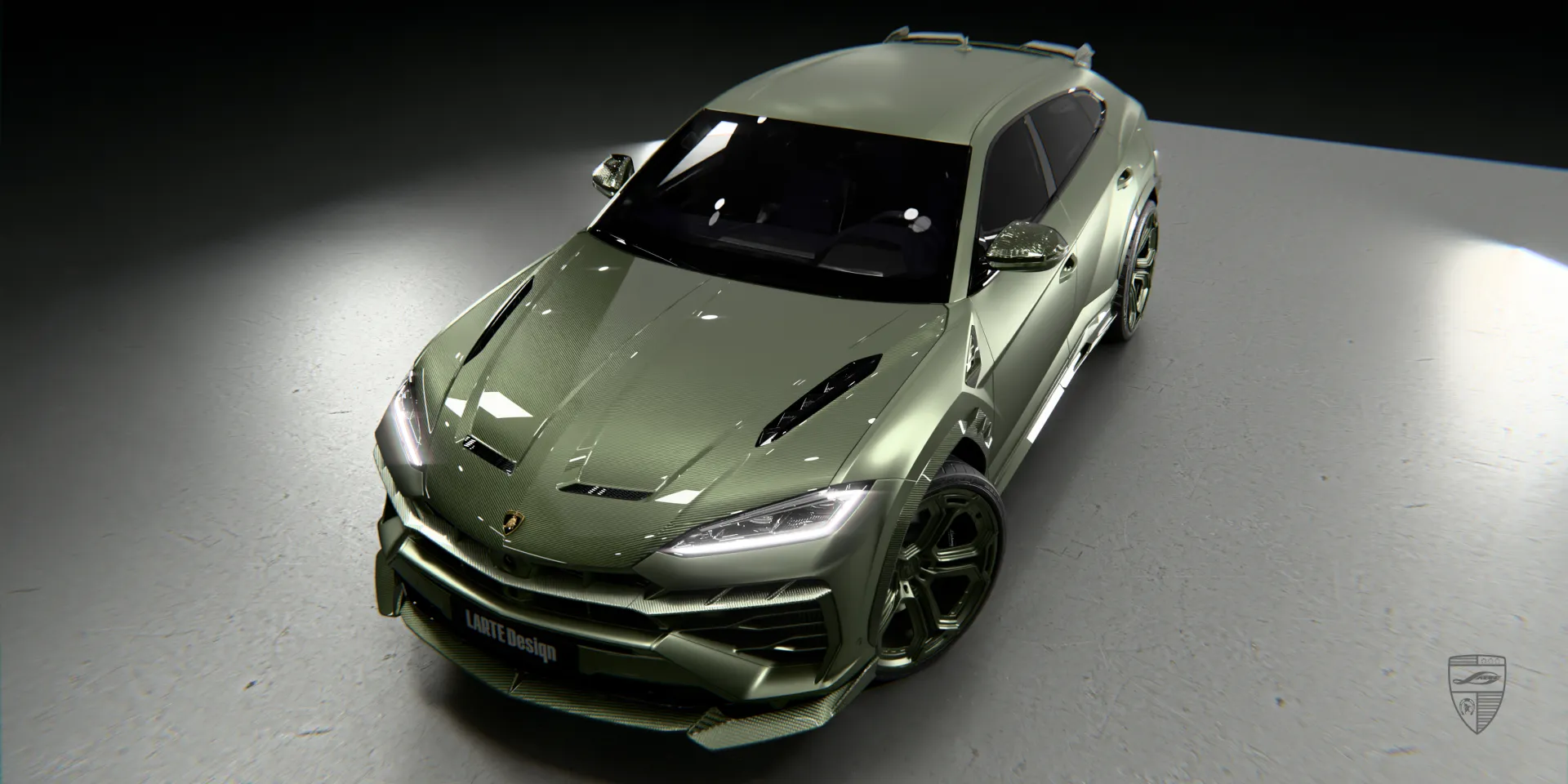 Grüner Lamborghini Urus Widebody mit verbreiterten Kotflügeln und aggressiver Haltung