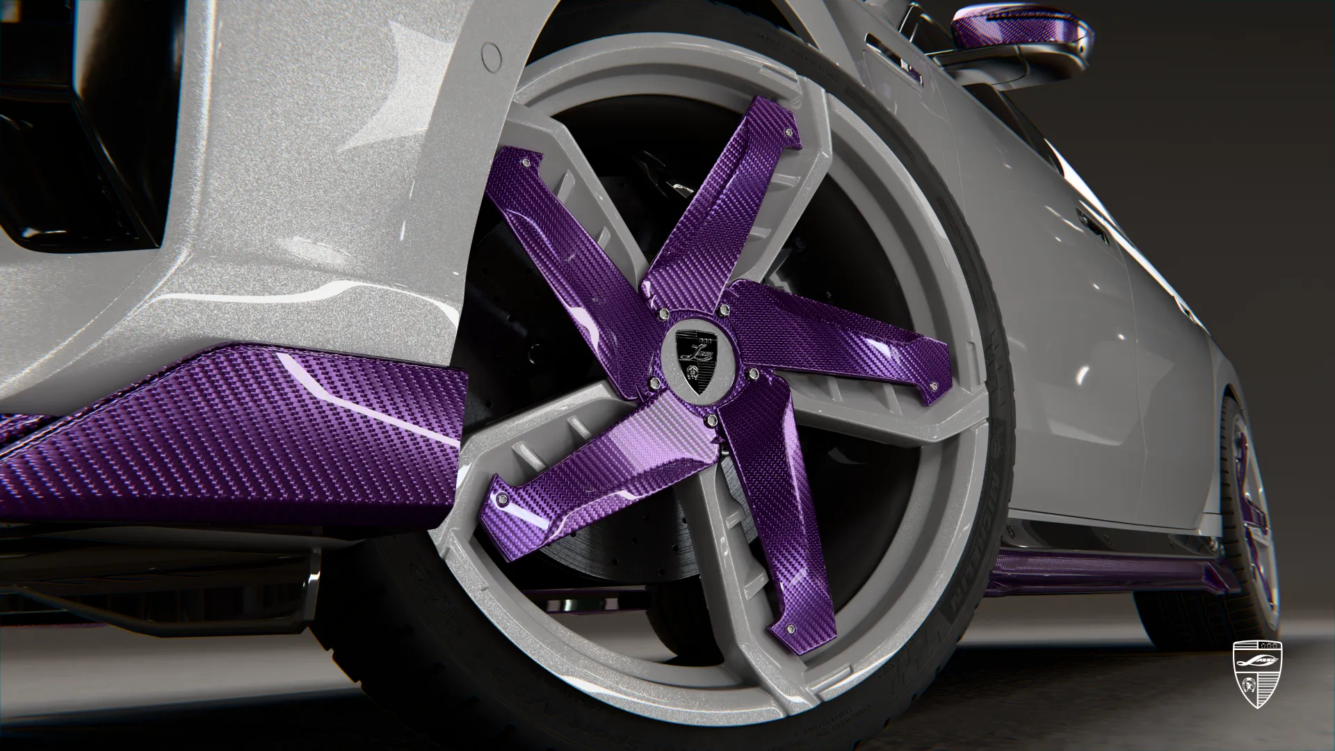 BMW 7 exterior design with carbon wheel detail and purple accents