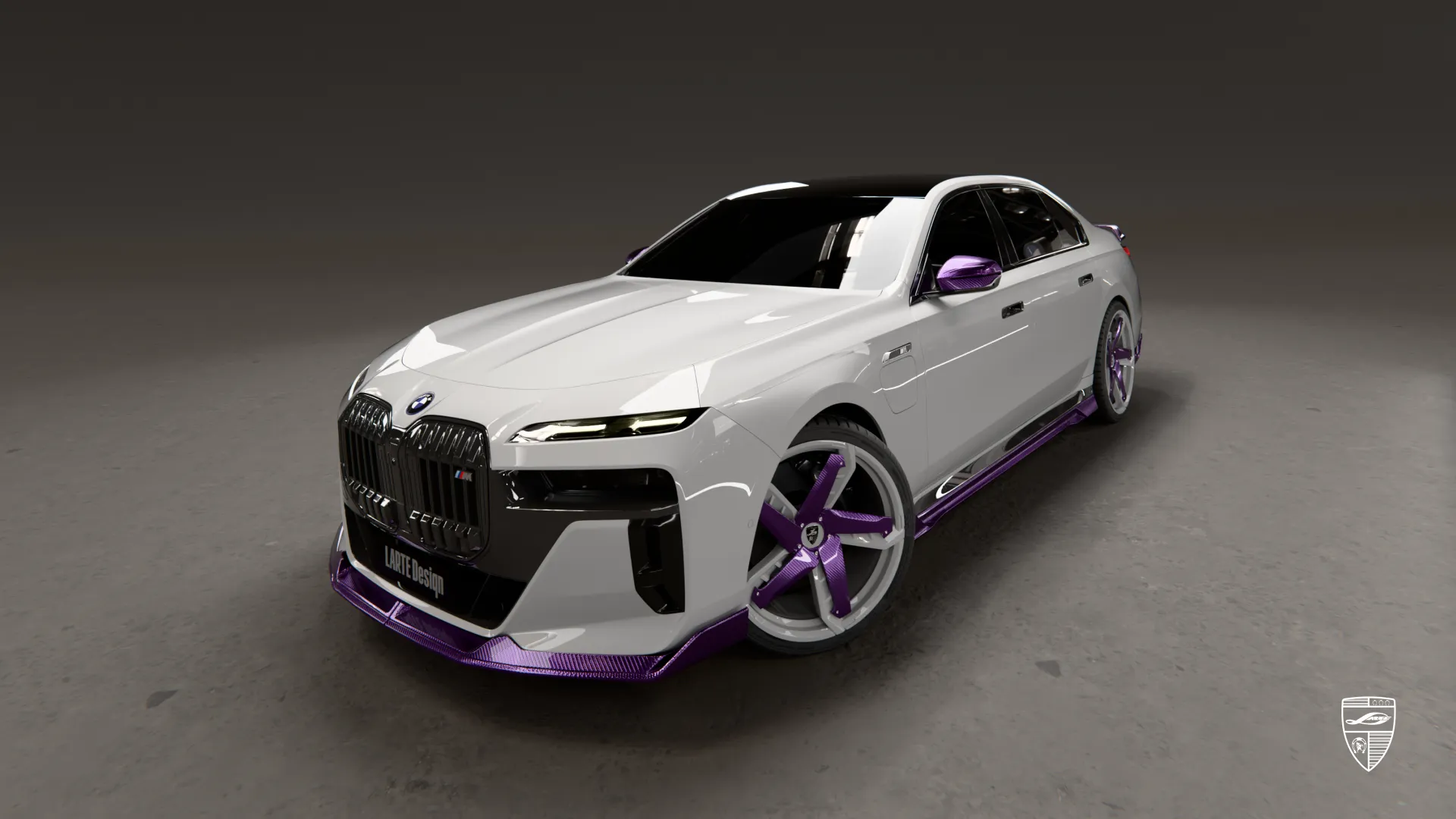 BMW 7 exterior design with purple carbon and sleek luxury sedan styling