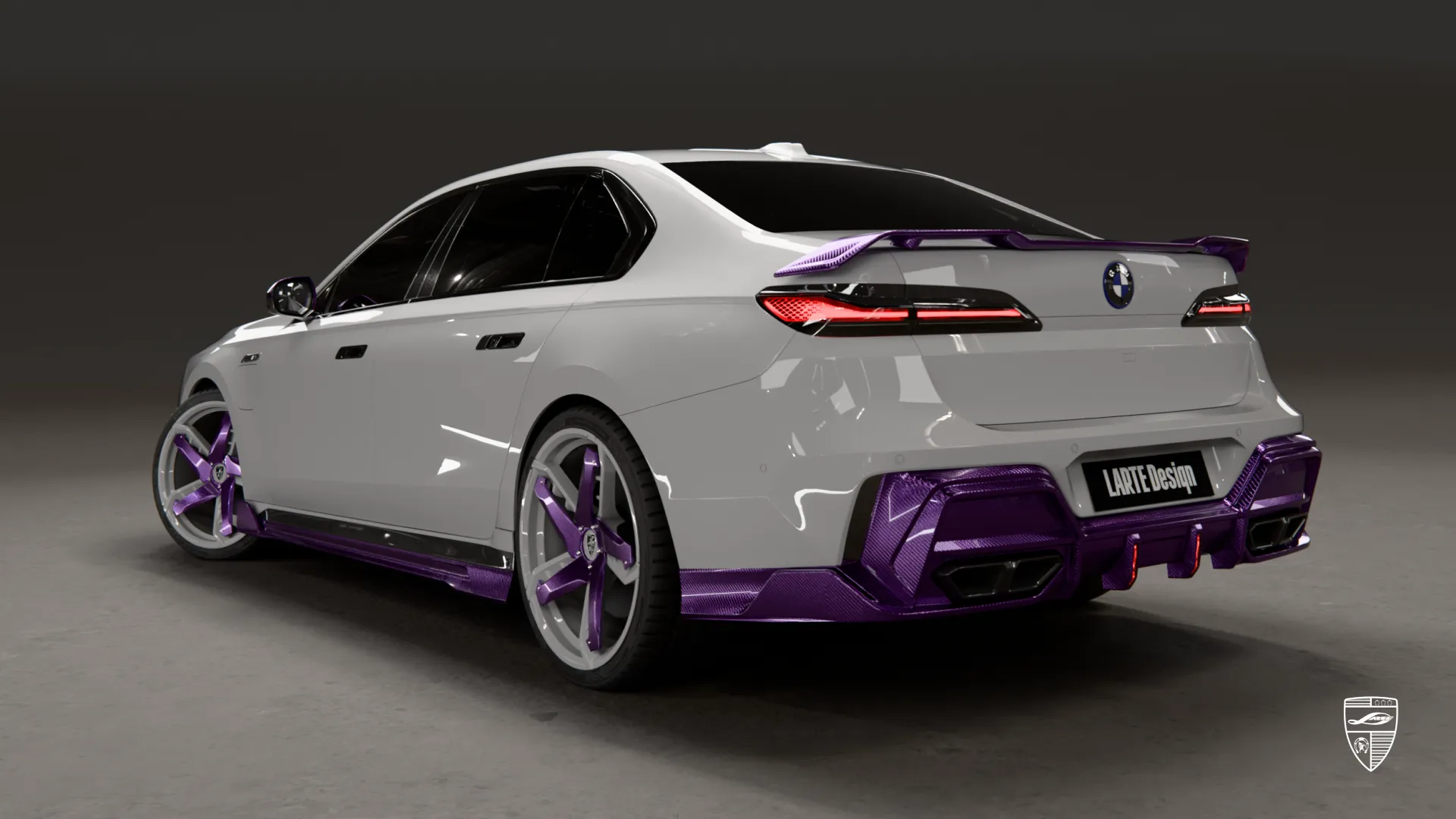 BMW 7 series luxury sedan front view with purple carbon and bold styling elements