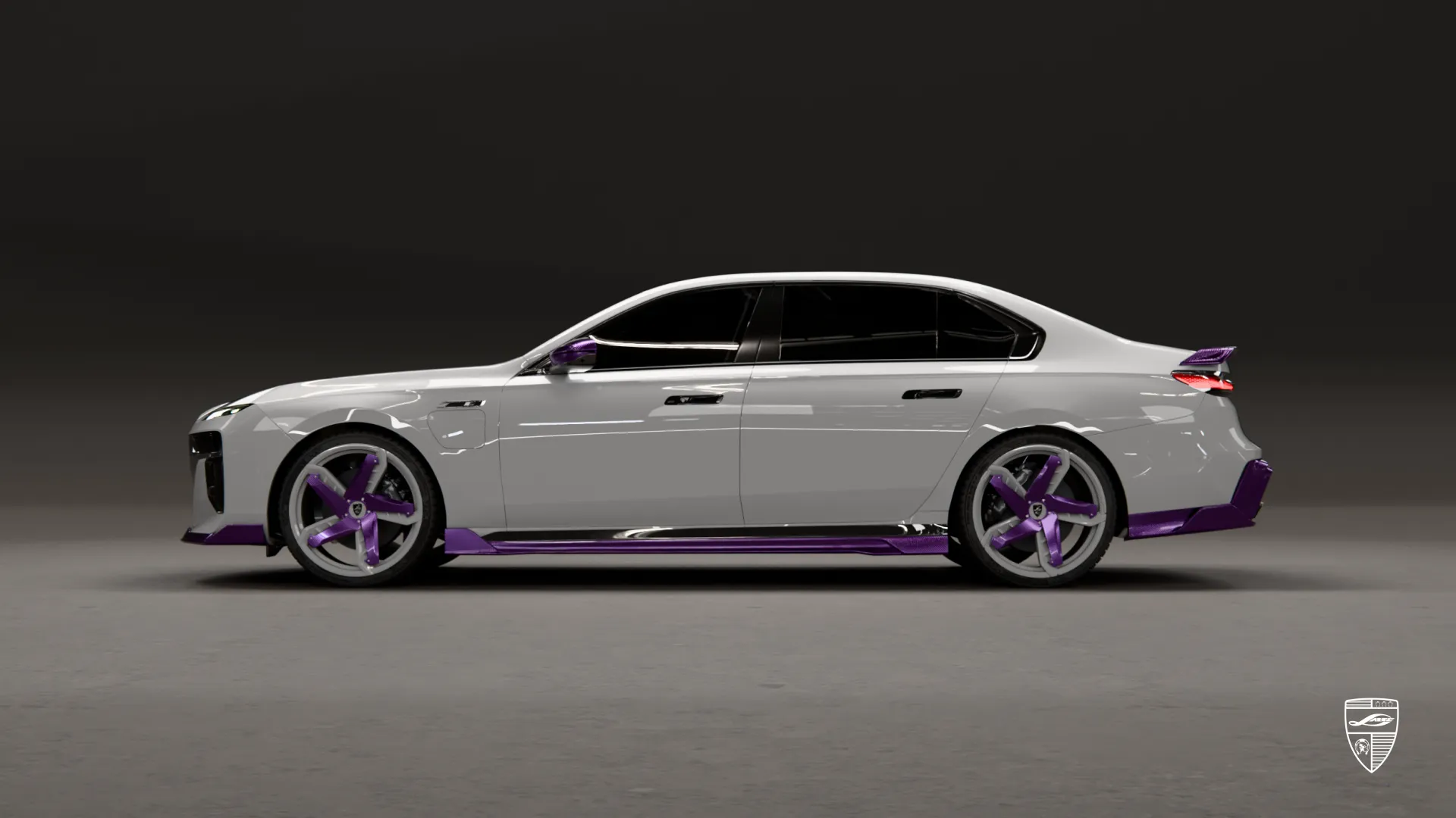 BMW 7 series lci styling with purple carbon details and elegant side profile