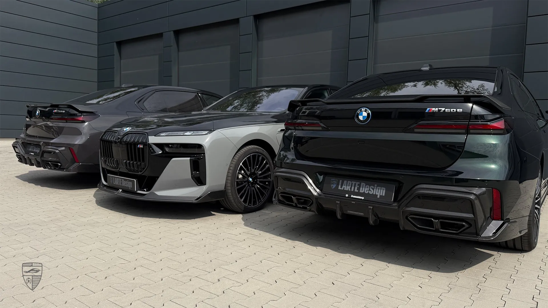 customized BMW 7 Series featuring three cars with distinctive exterior styling