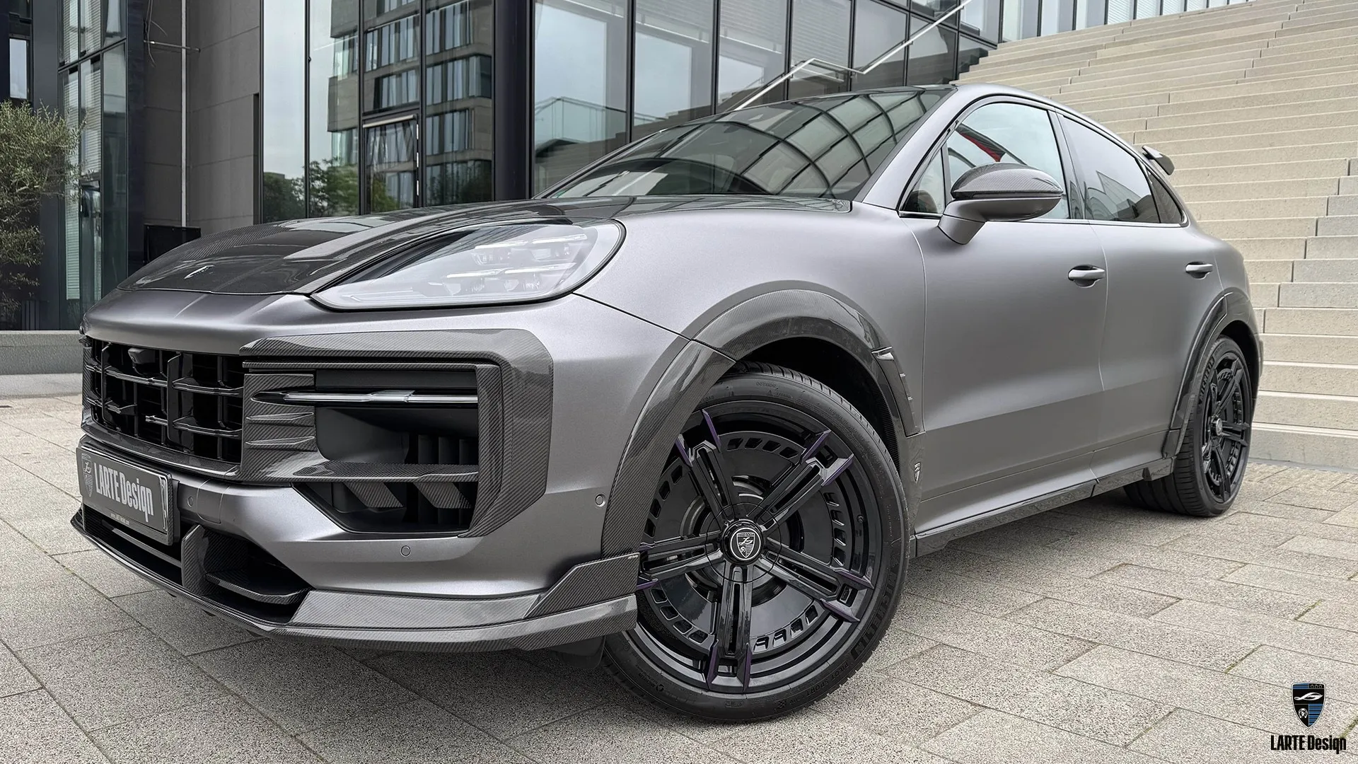 Porsche Cayenne S Coupe – Widebody in Satin Dark Grey Satin Dark Grey Porsche Cayenne with widebody kit and carbon fiber upgrade at Düsseldorf, Hyatt
