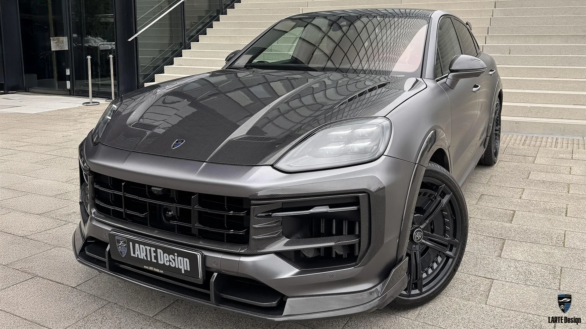 Satin Dark Grey Porsche Cayenne at Düsseldorf, Hyatt — brutal look with vented carbon hood