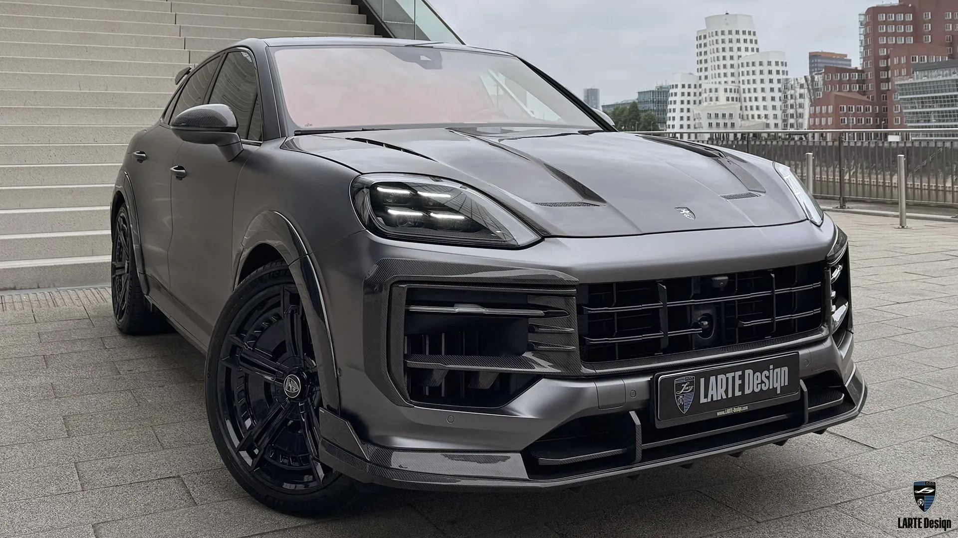 Widebody Cayenne S – Satin Grey with Front Splitter 2025 Porsche Cayenne S Coupe widebody SUV — Satin Dark Grey with aggressive front splitter upgrade