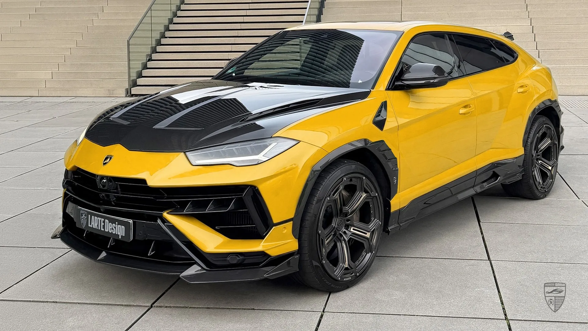 Custom Lamborghini Urus yellow with carbon fiber hood and unique design elements