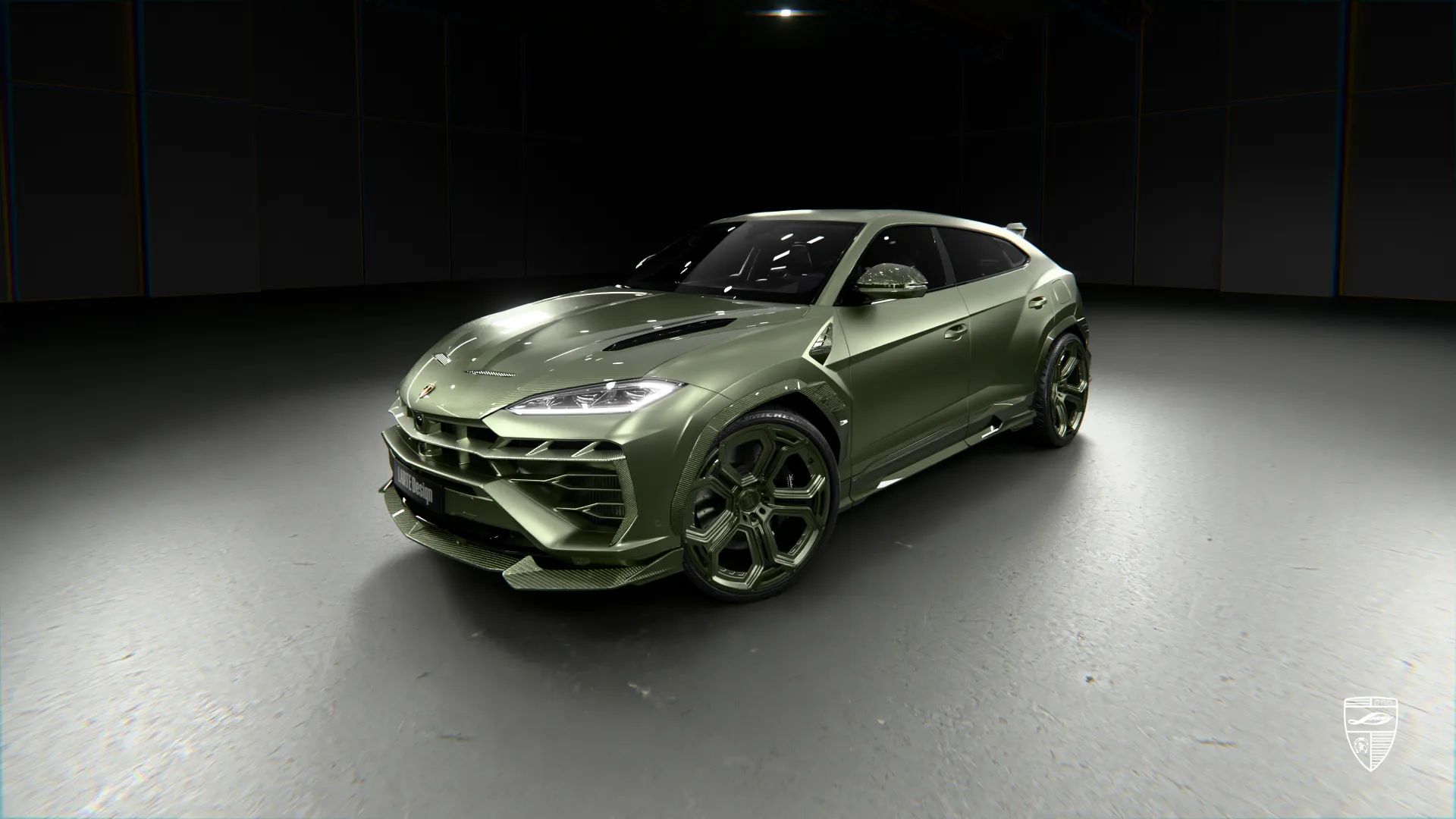 Lamborghini URUS SE in olive shown in front three-quarter view with bold exterior styling