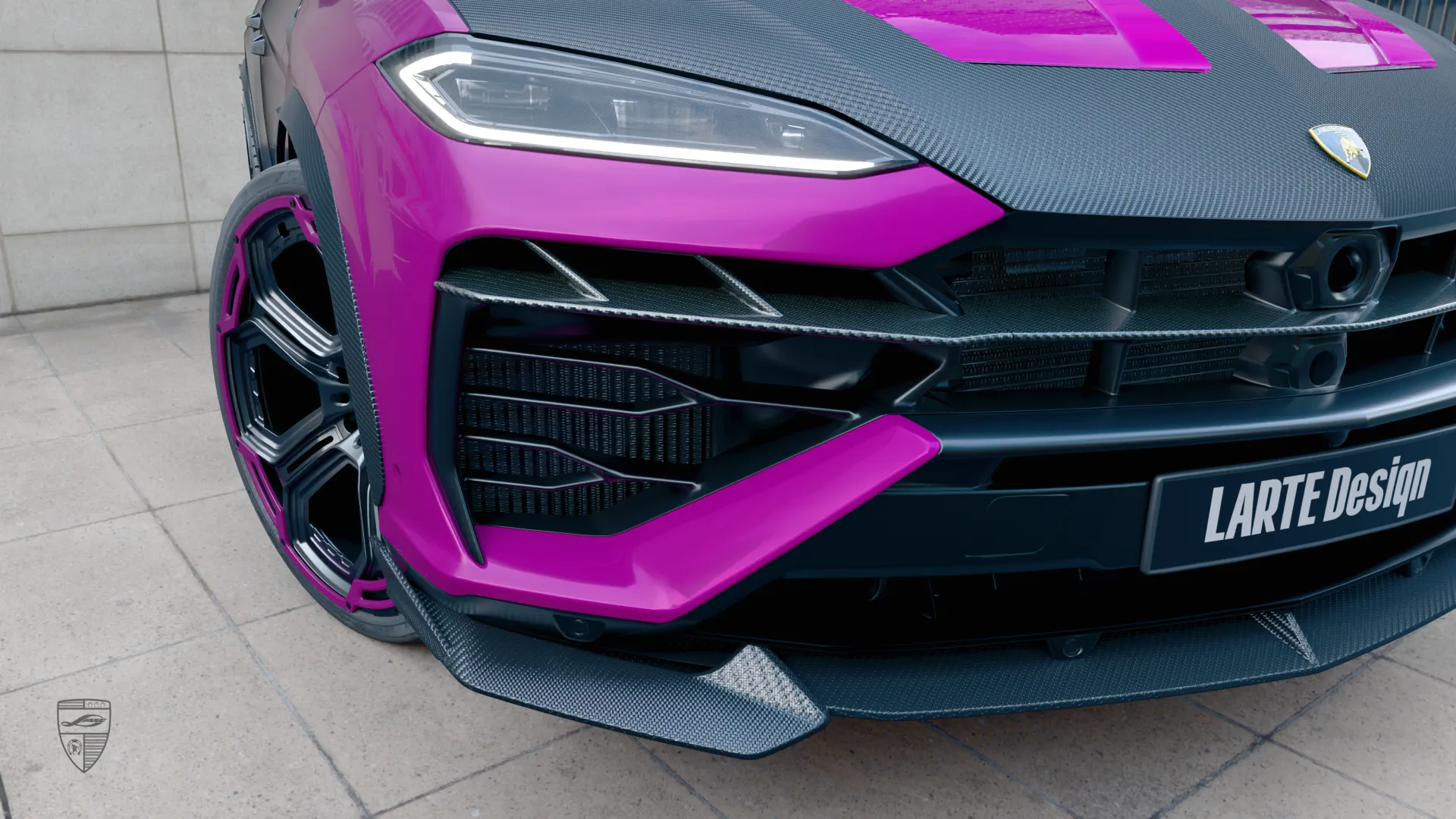 Lamborghini Urus SE in Violett mit Carbon‑Motorhaube und Splitter von Larte Design