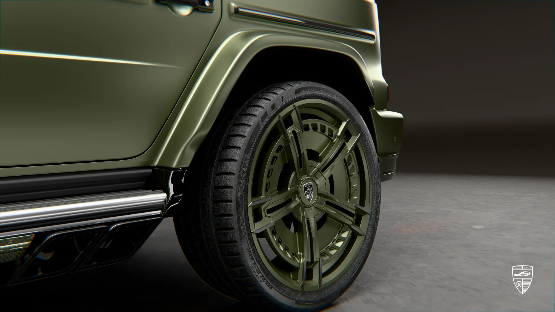 G Wagon Facelift in Olivgrün mit seitlichem Exterieur-Detail und individuellem Styling