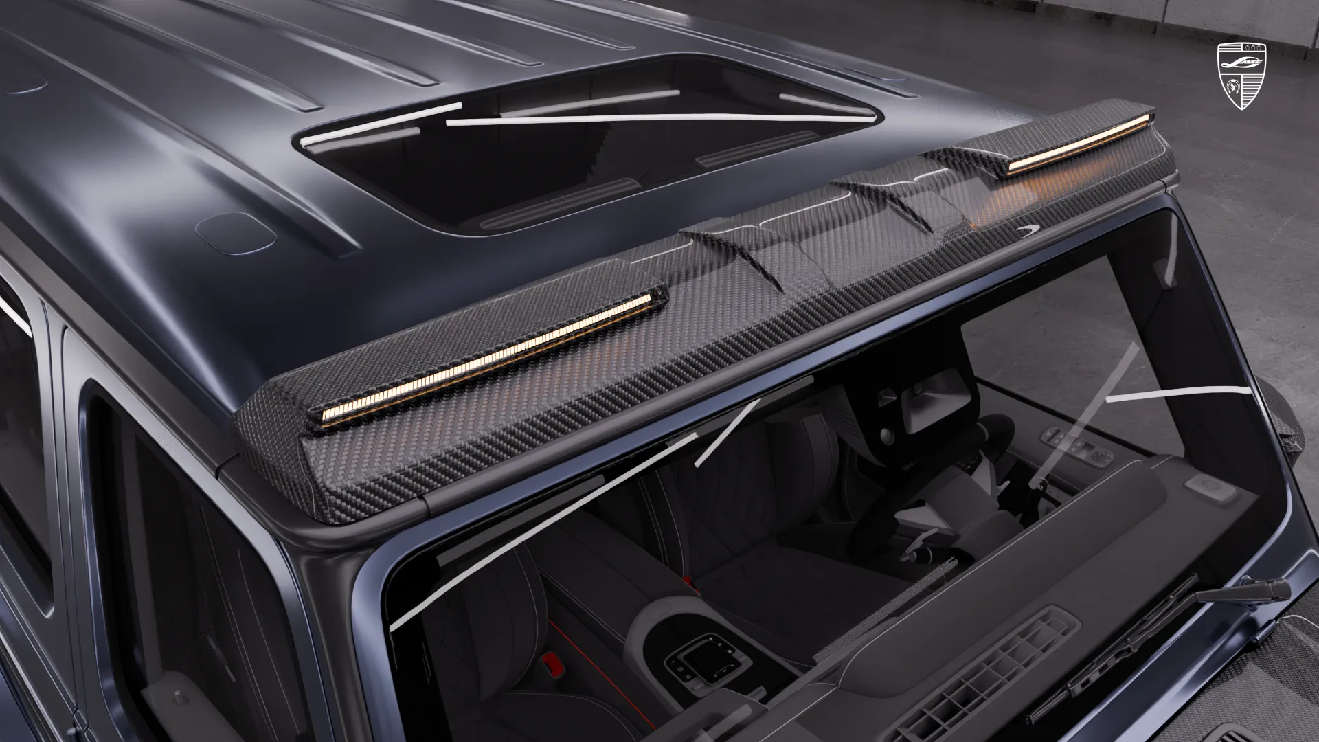 Mercedes G63 AMG Facelift in grey with roof detail and custom exterior design