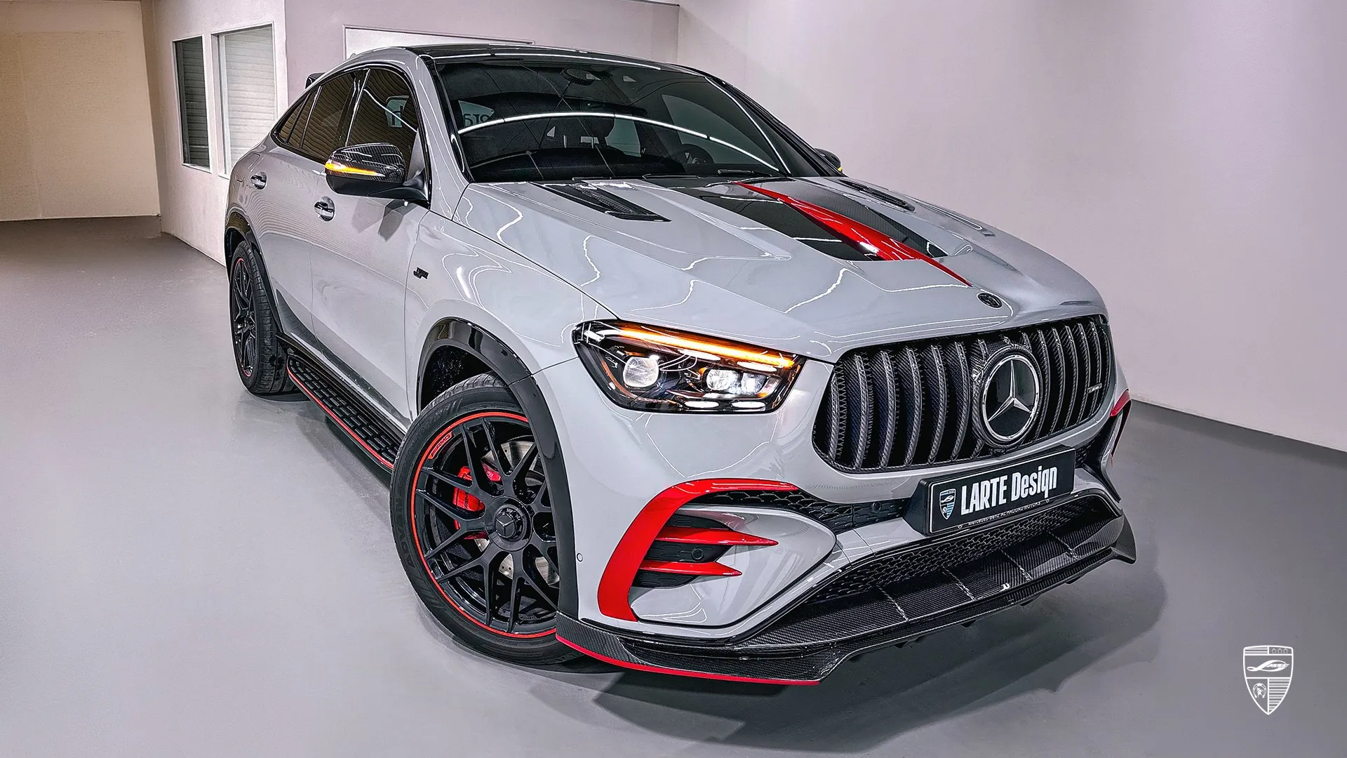 Mercedes AMG GLE 53 Coupe Facelift luxury SUV with grey body and red styling elements