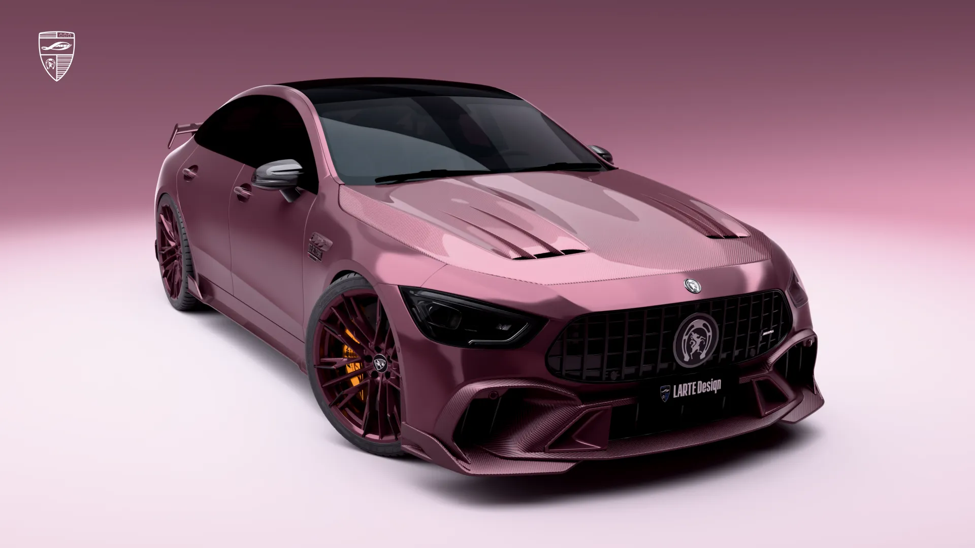 AMG GT 53 Facelift, Weinrot: Frontansicht mit Motorhaubenakzenten und aggressivem Tuningstyling