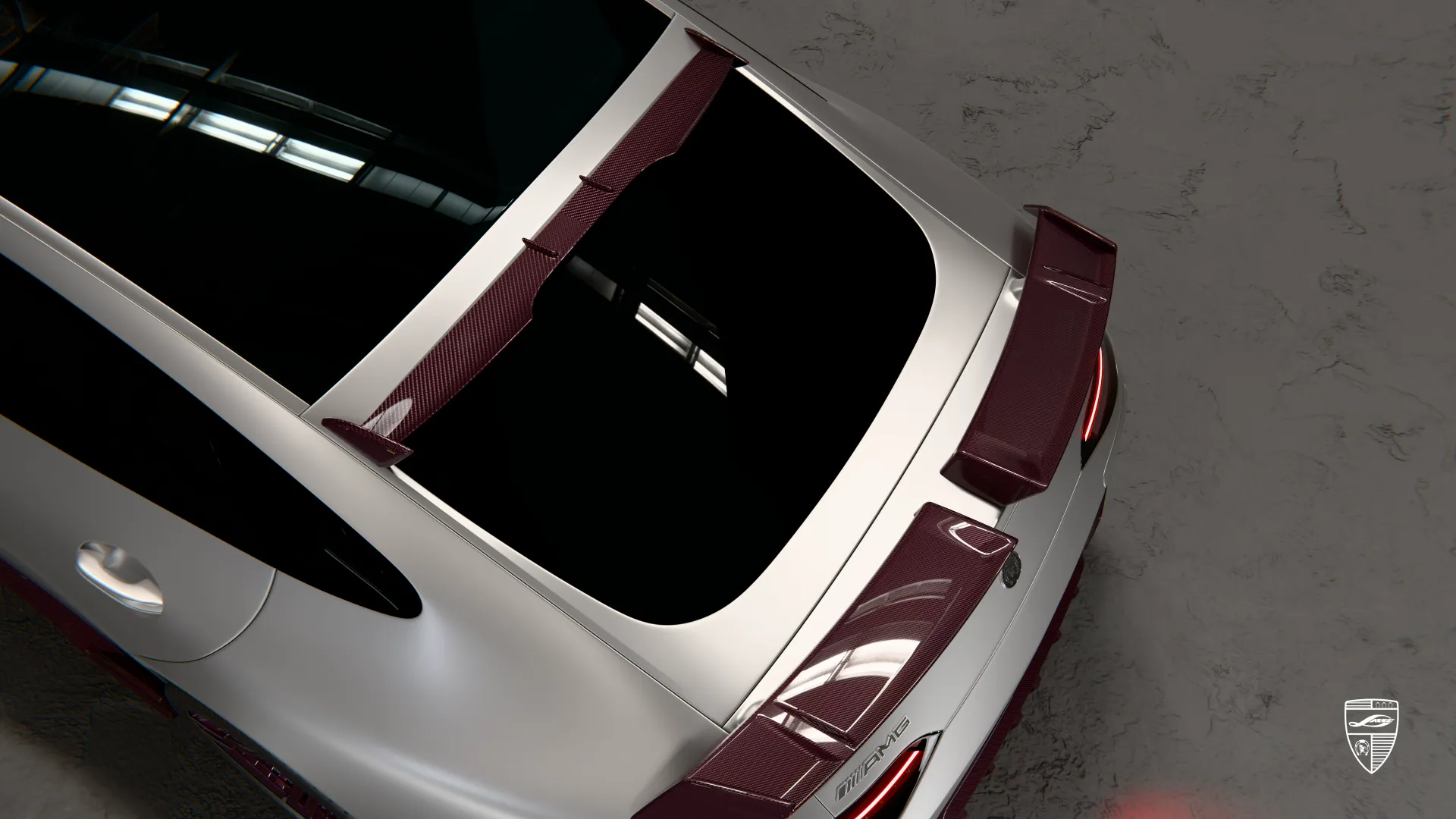 Mercedes AMG GT 63 Facelift exterior close up of roof spoiler detail and custom styling accents