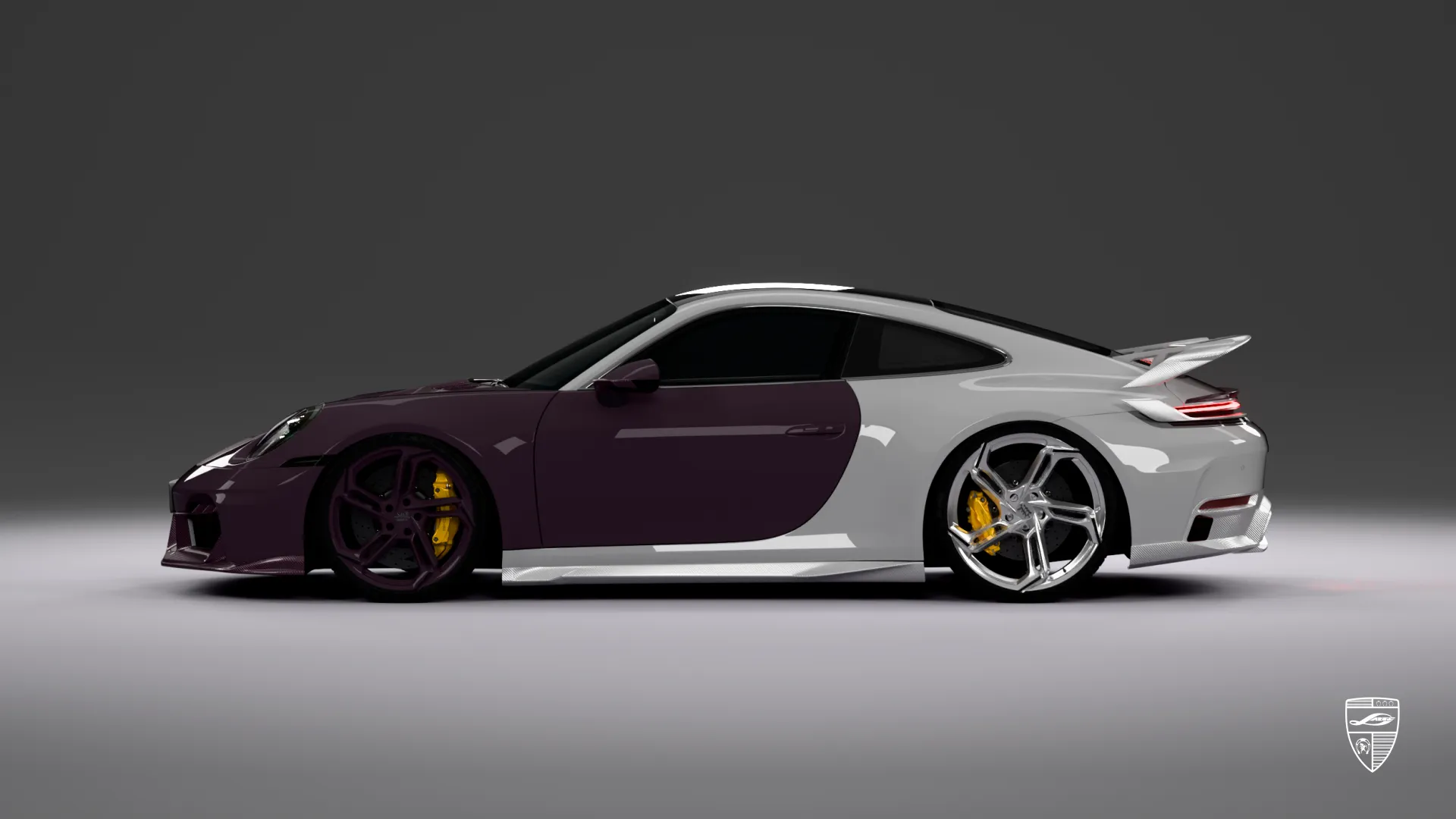 Porsche 911 Carrera sports car with custom two tone body styling and lowered stance