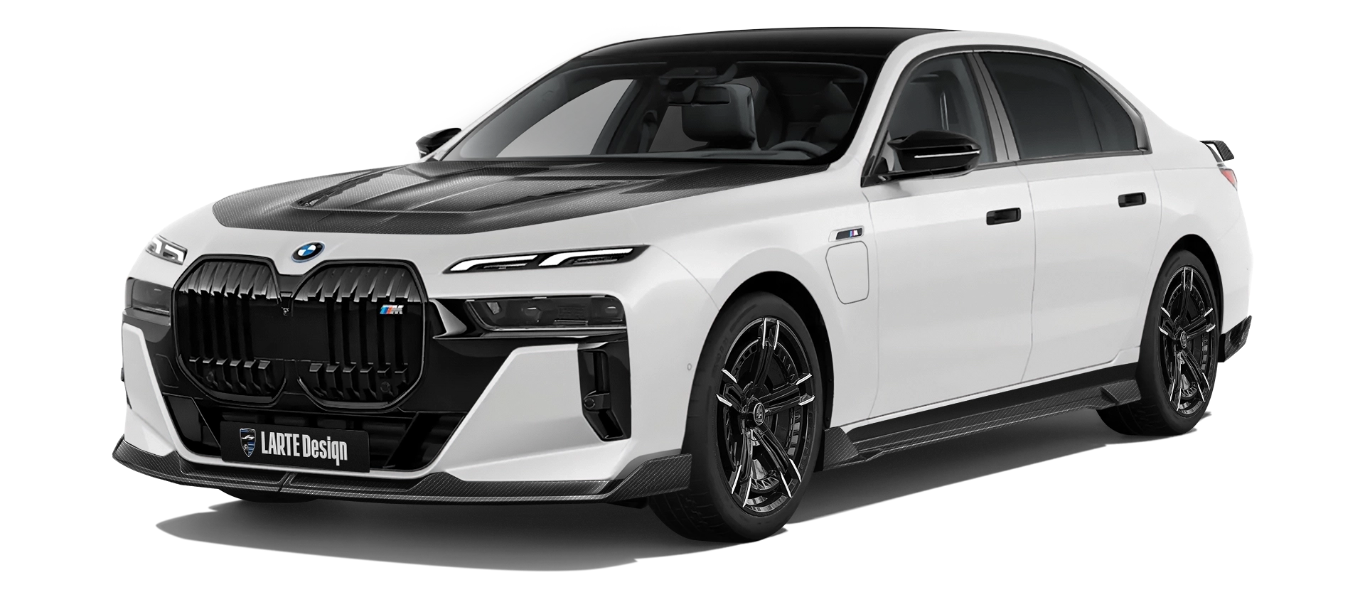 BMW 7 Series G70 760i carbon front view shown in Alpine White BMW 7 Series G70 760i with carbon body kit: front view shown in Alpine White