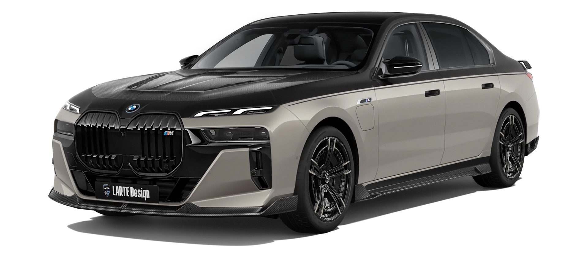 BMW 7 Series G70 760i carbon front view shown in Cashmere Beige BMW 7 Series G70 760i with carbon body kit: front view shown in Cashmere Beige