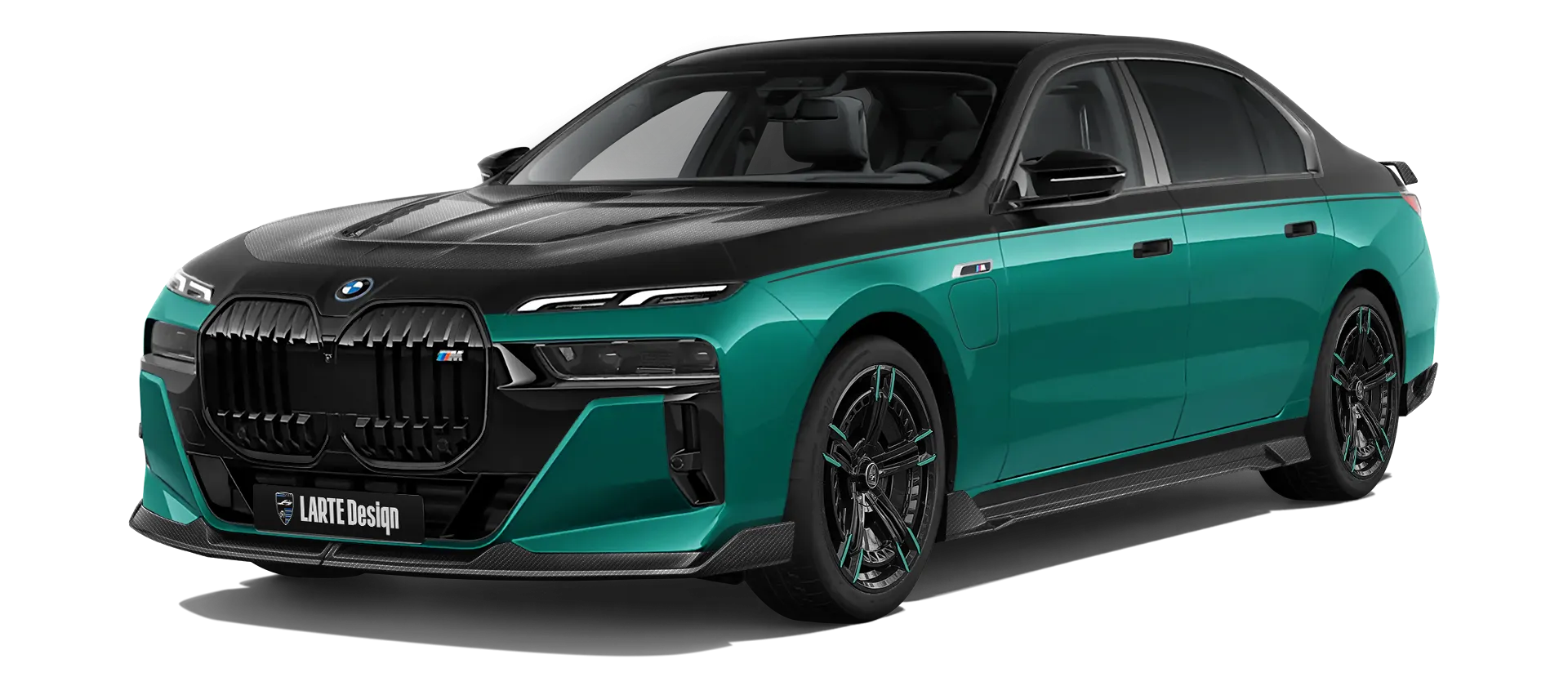 BMW 7 Series G70 760i carbon front view shown in Deep Green BMW 7 Series G70 760i with carbon body kit: front view shown in Deep Green
