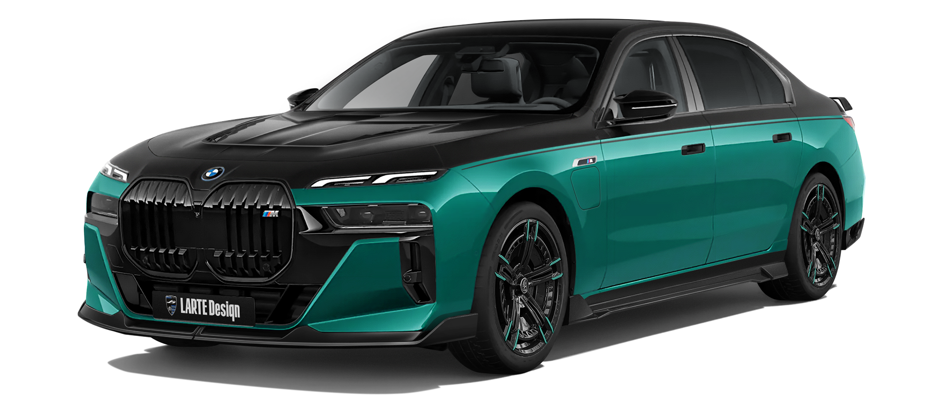 BMW 7 Series G70 mit lackierte Frontansicht in Tief Gruen BMW 7 Series G70 mit lackiertem Karosserie-Kit: Frontansicht in Tief Gruen