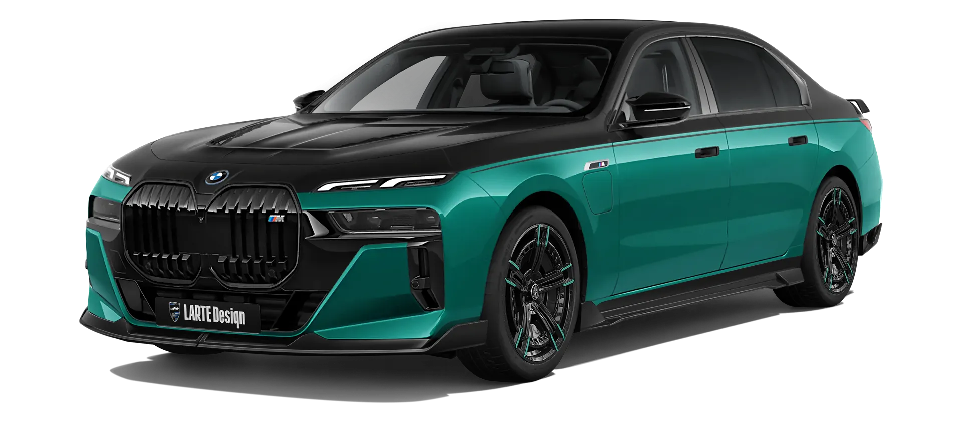 BMW 7 Series G70 760i painted front view shown in Deep Green BMW 7 Series G70 760i with painted body kit: front view shown in Deep Green