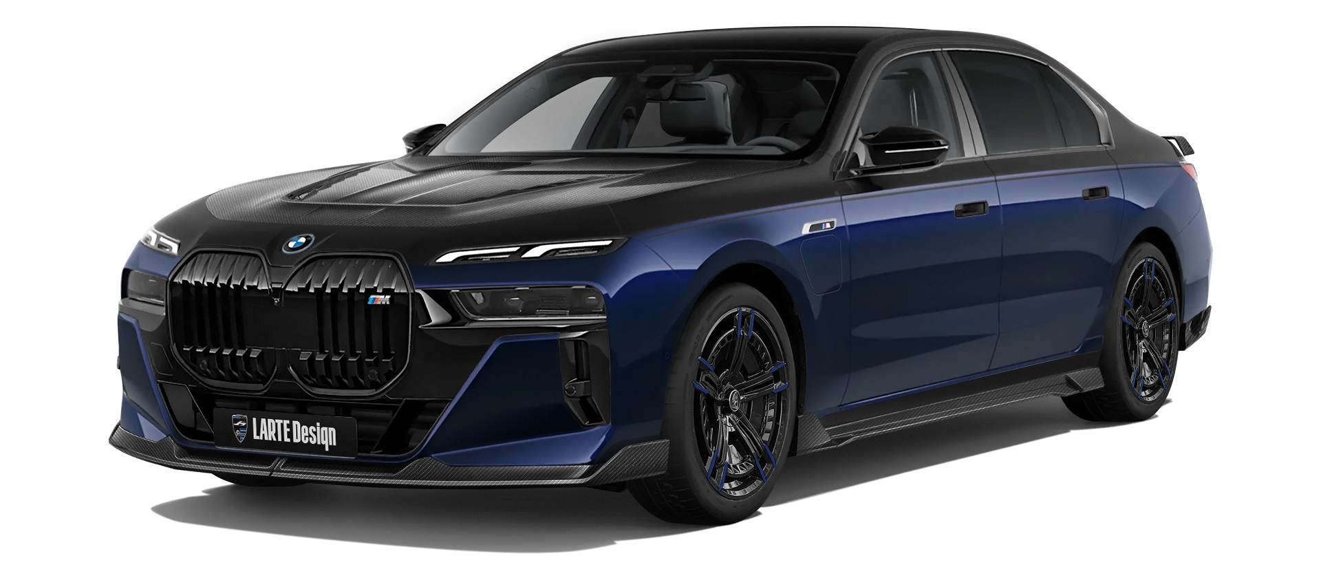 BMW 7 Series G70 760i carbon front view shown in Tanzanite Blue BMW 7 Series G70 760i with carbon body kit: front view shown in Tanzanite Blue