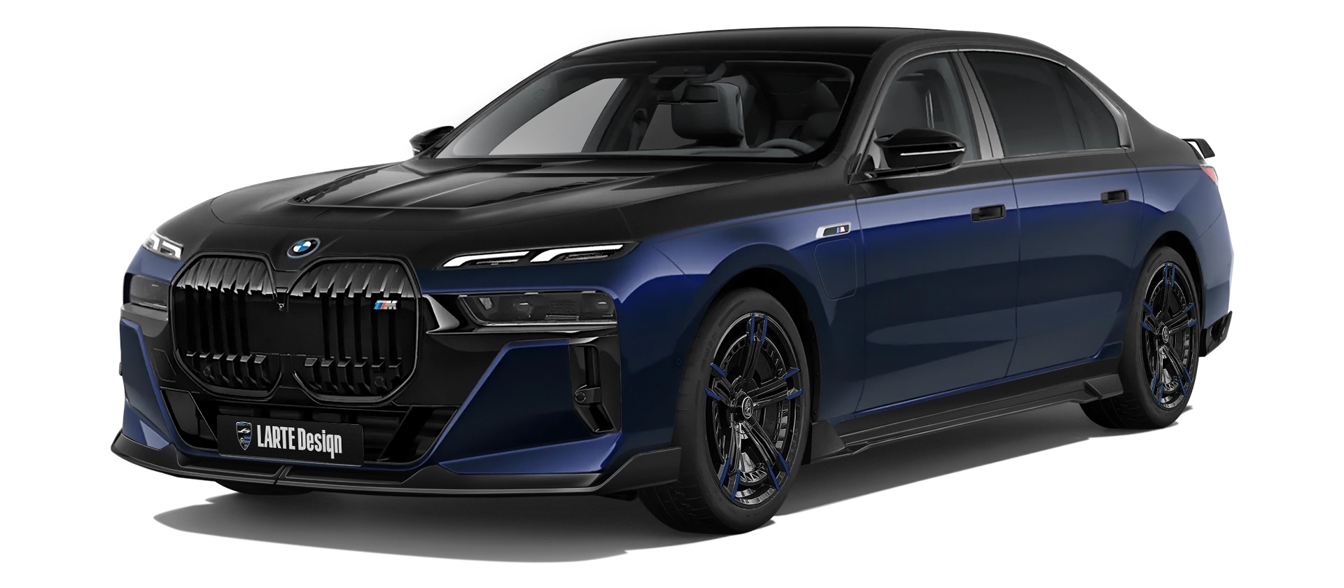BMW 7 Series G70 760i painted front view shown in Tanzanite Blue BMW 7 Series G70 760i with painted body kit: front view shown in Tanzanite Blue