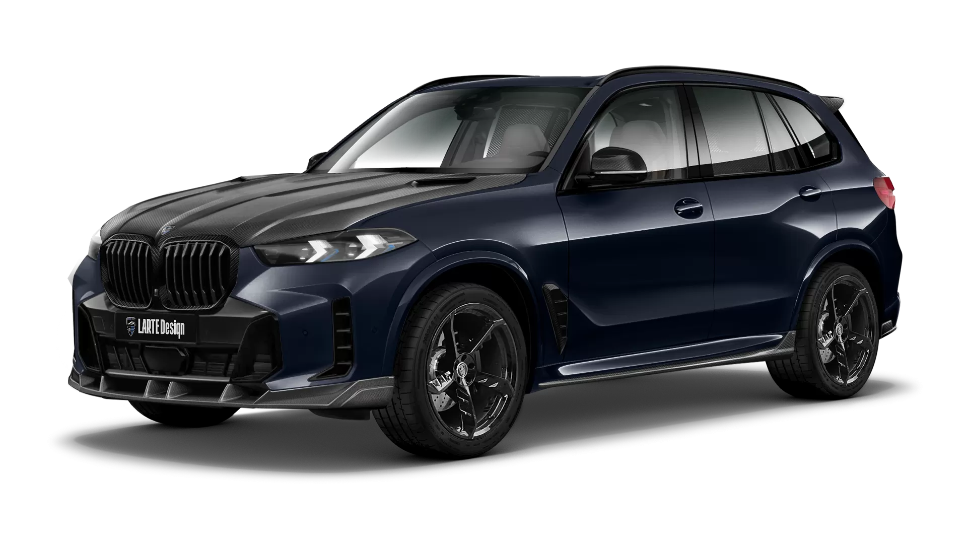 BMW X5 G05 LCI Facelift with carbon body kit: front view shown in Black Carbon