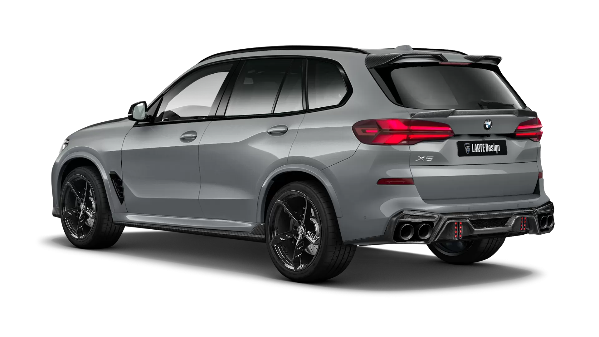 BMW X5 G05 LCI Facelift with carbon body kit: back view shown in Brooklyn Grey