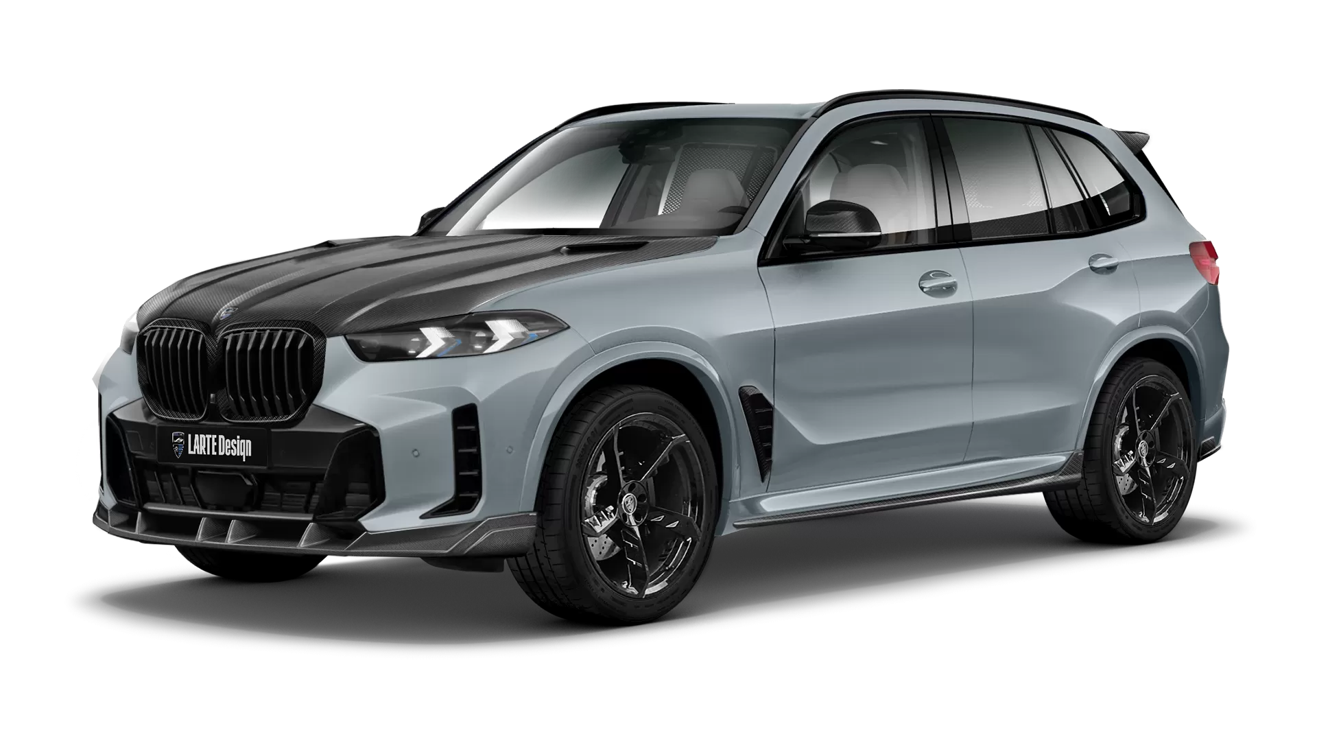 BMW X5 G05 LCI Facelift with carbon body kit: front view shown in Frozen Pure Grey