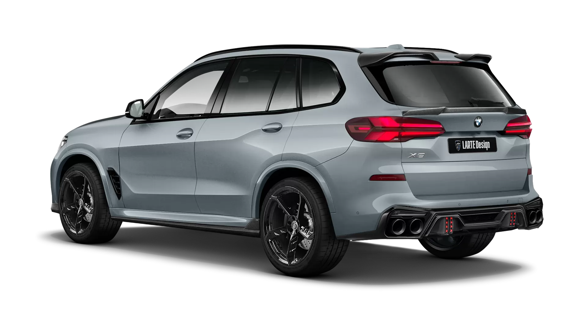 BMW X5 G05 LCI Facelift with carbon body kit: back view shown in Frozen Pure Grey
